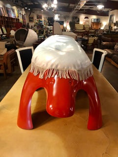 Vintage 1970s Red Orange Fiberglass Aardvark Bench/Table w/ White Vinyl Cushion