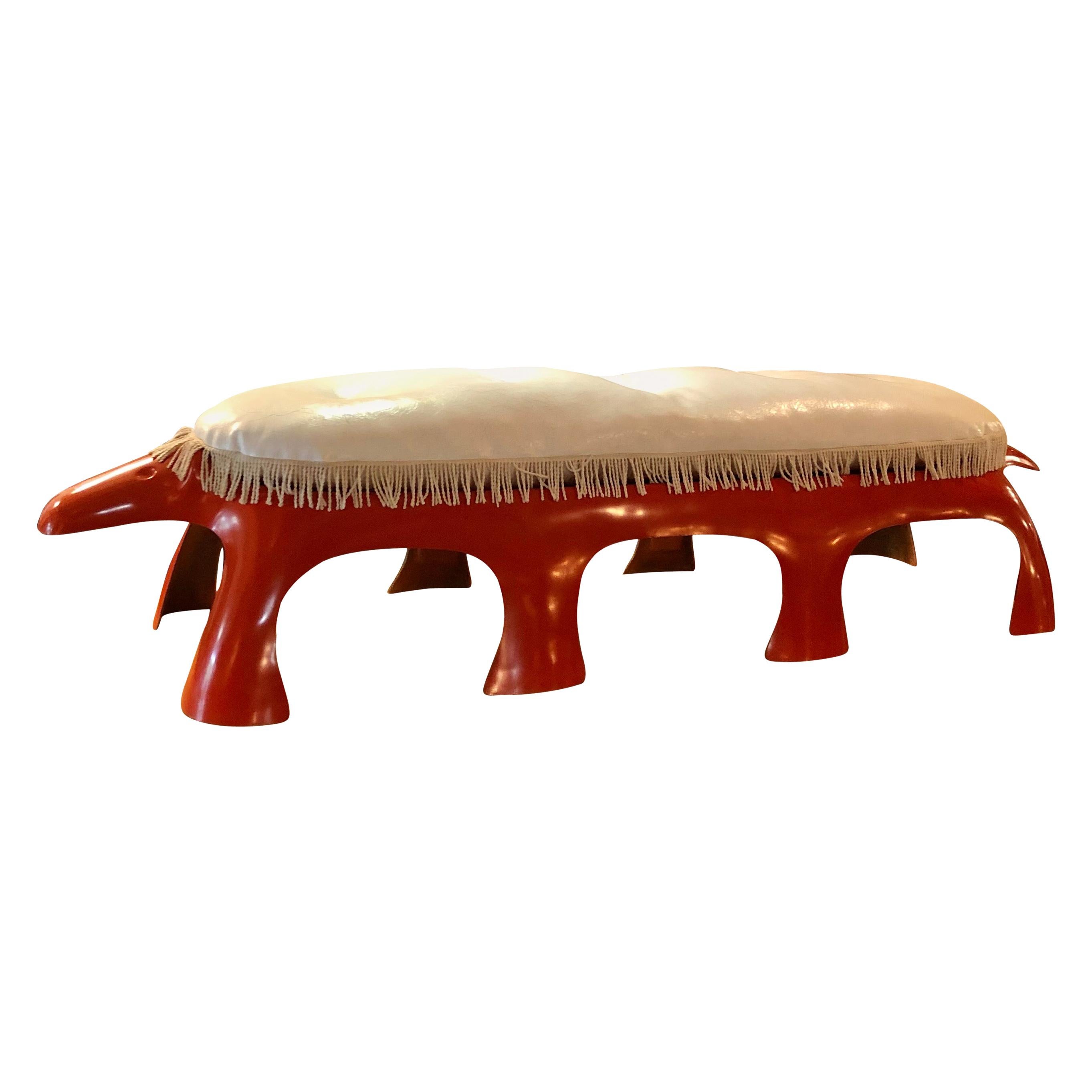 Vintage 1970s Red Orange Fiberglass Aardvark Bench/Table w/ White Vinyl Cushion 