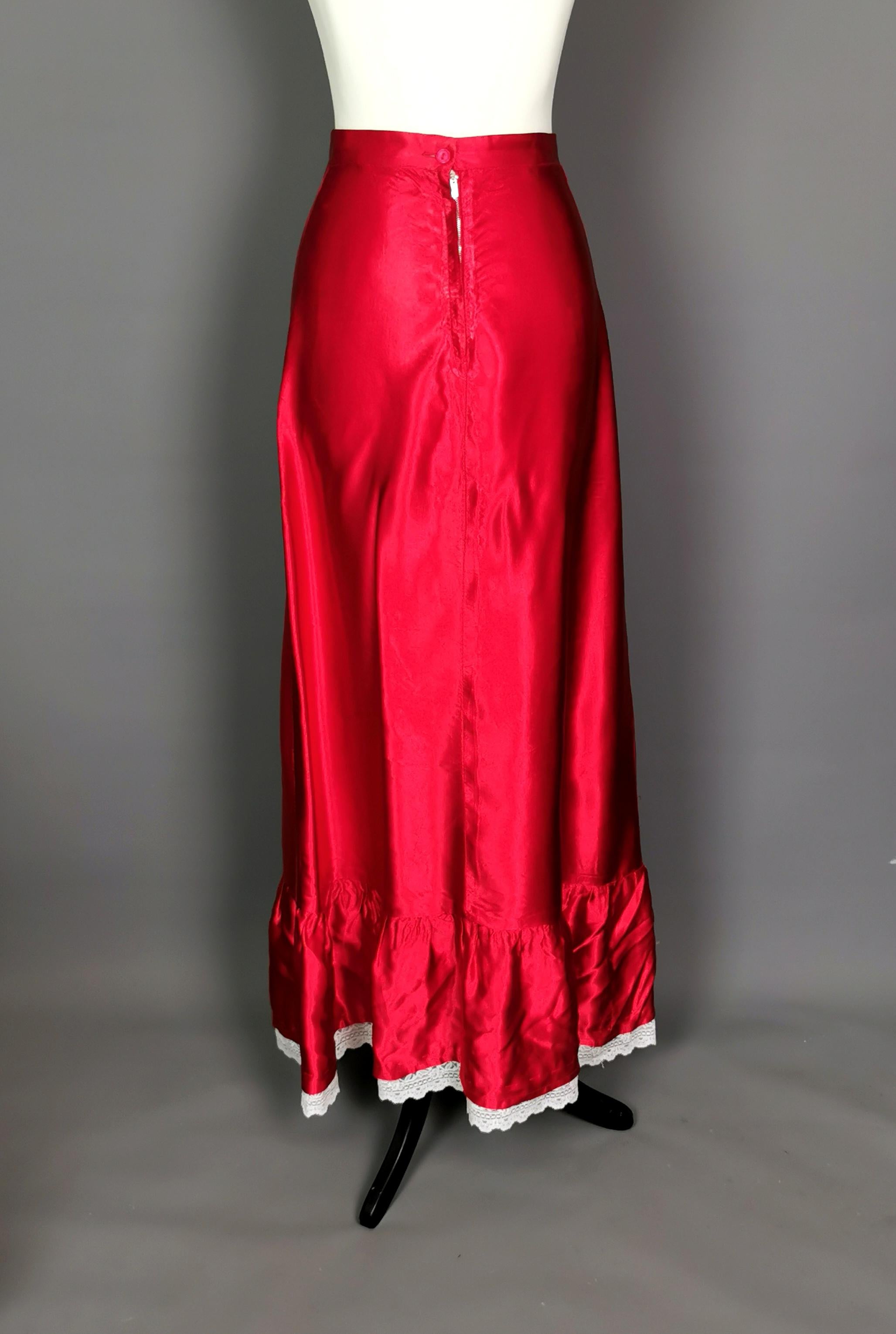 Women's Vintage 1970s Red satin maxi skirt, Evening skirt 