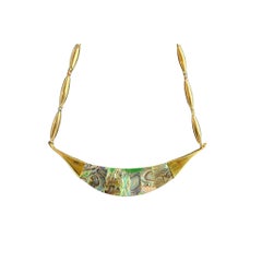 Vintage 1970s Reversible Abalone Shell and Wood Inlay Crescent Necklace