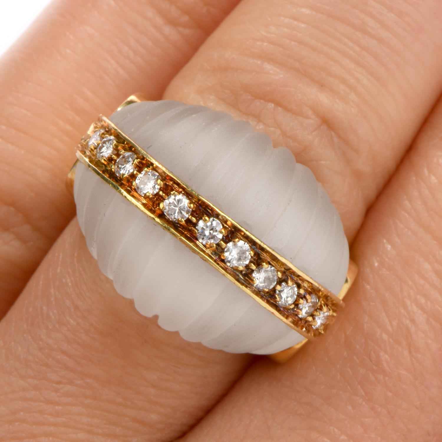  Vintage 1970's Rock Crystal Diamond 18k gold  Bombé Ring. An American 18k yellow gold dome 

cockatil ring with diamonds and carved rock crystal.

This ring has 11 round-cut diamonds with an approximate total weight .0.50 carats, G-H color