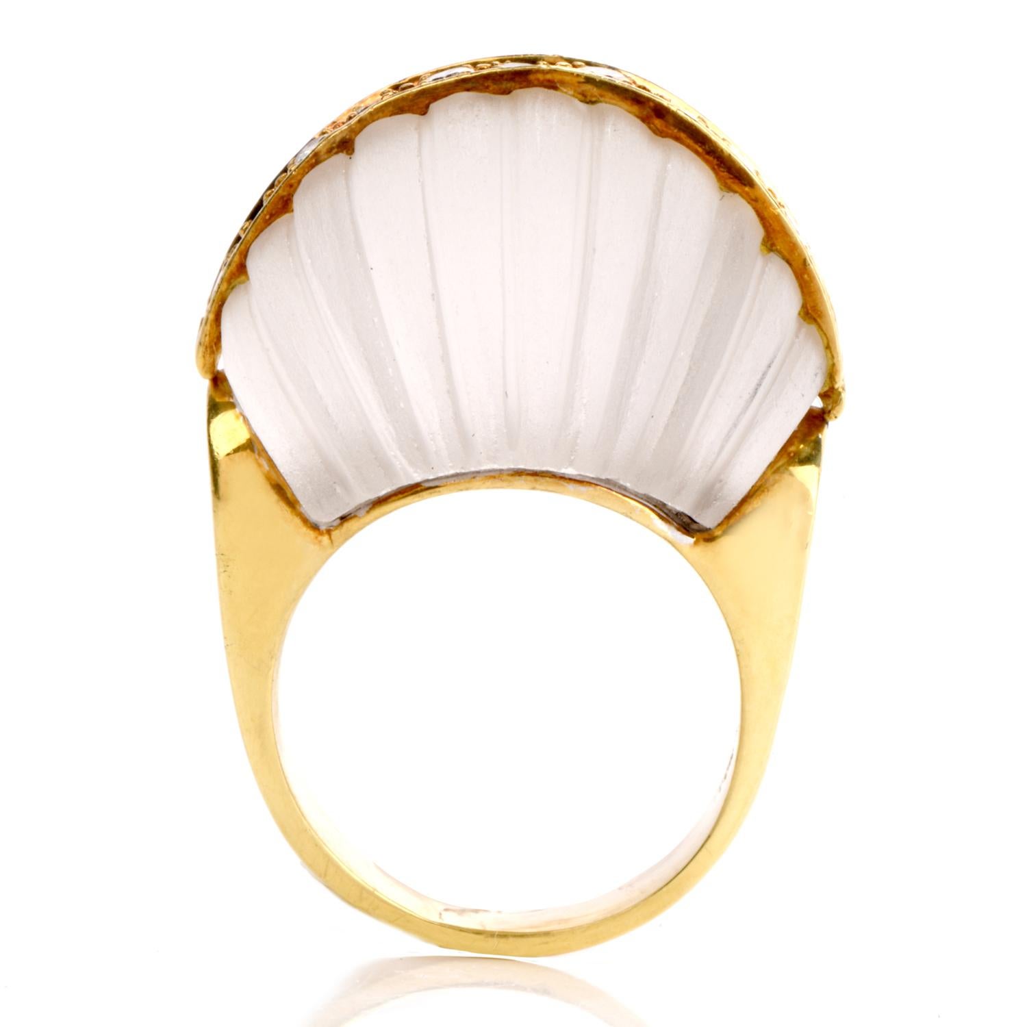 Women's Vintage 1970s Rock Crystal Diamond 18 Karat Gold Bombe Cocktail Ring