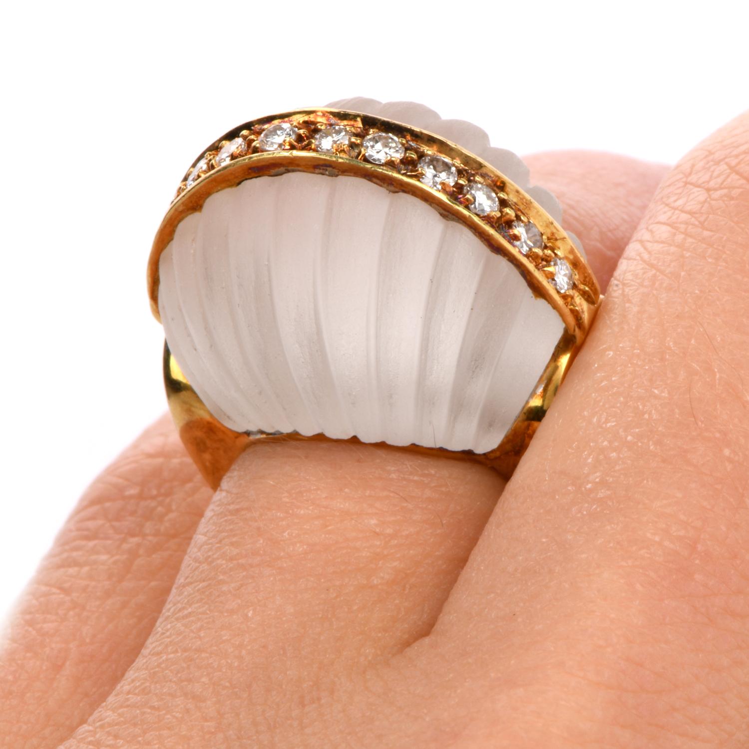 Vintage 1970s Rock Crystal Diamond 18 Karat Gold Bombe Cocktail Ring 1