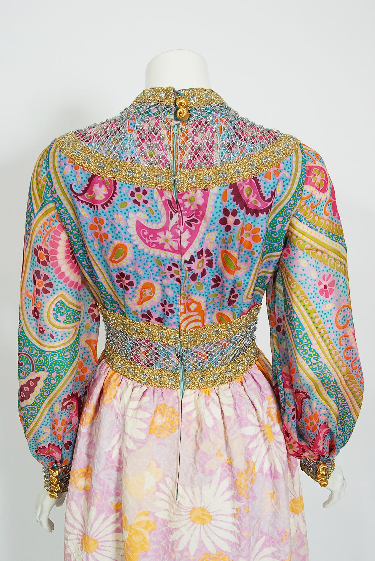 Vintage 1970's Ronald Amey Metallic Psychedelic Print Silk & Floral Cotton Dress 4