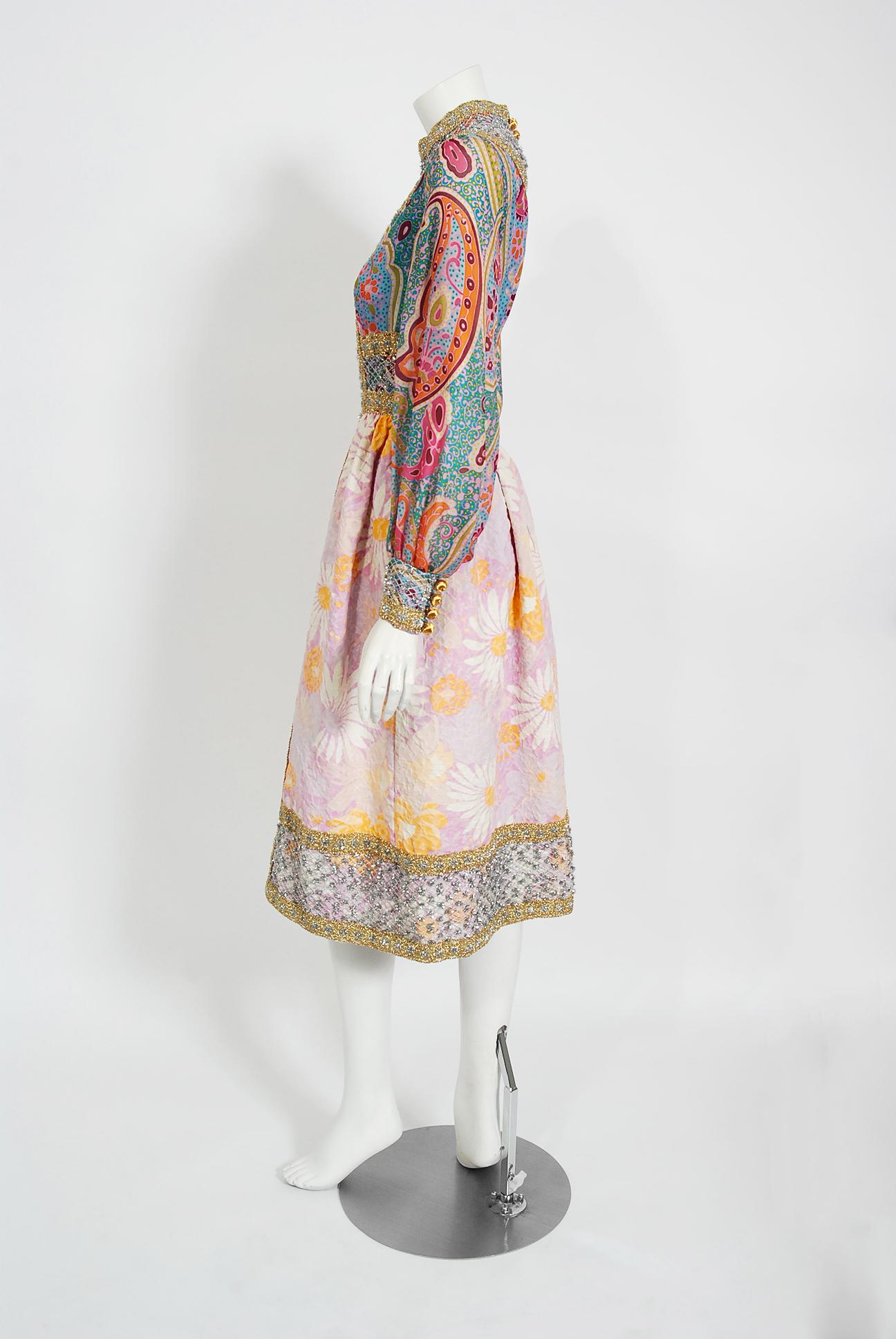 Vintage 1970's Ronald Amey Metallic Psychedelic Print Silk & Floral Cotton Dress In Good Condition In Beverly Hills, CA