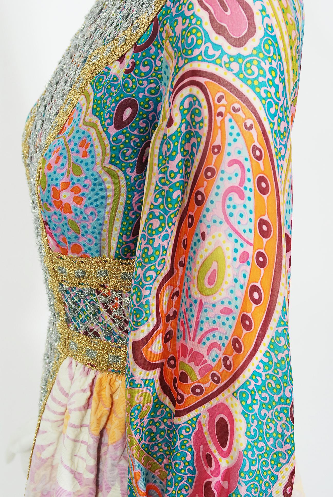 Women's Vintage 1970's Ronald Amey Metallic Psychedelic Print Silk & Floral Cotton Dress