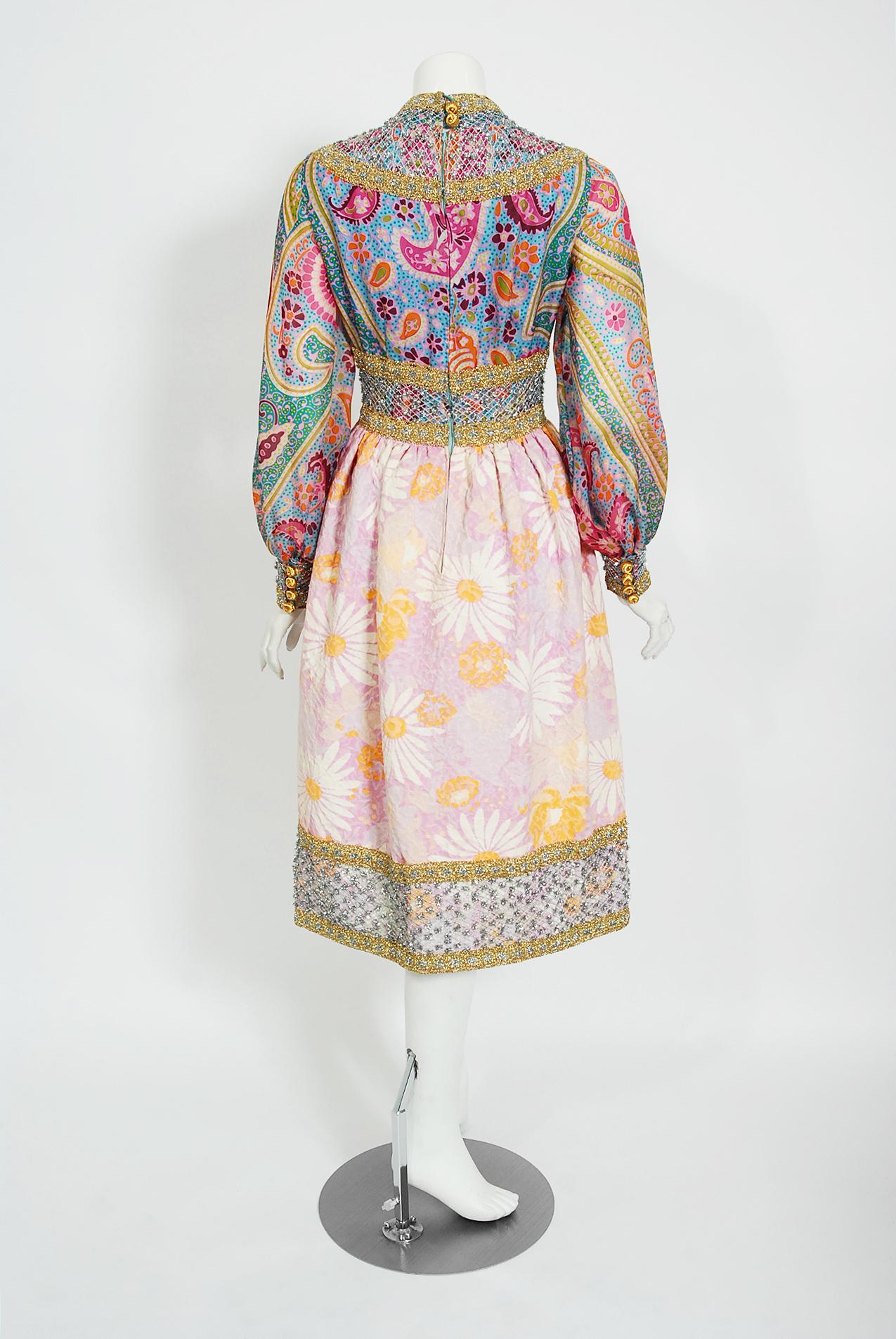 Vintage 1970's Ronald Amey Metallic Psychedelic Print Silk & Floral Cotton Dress 2