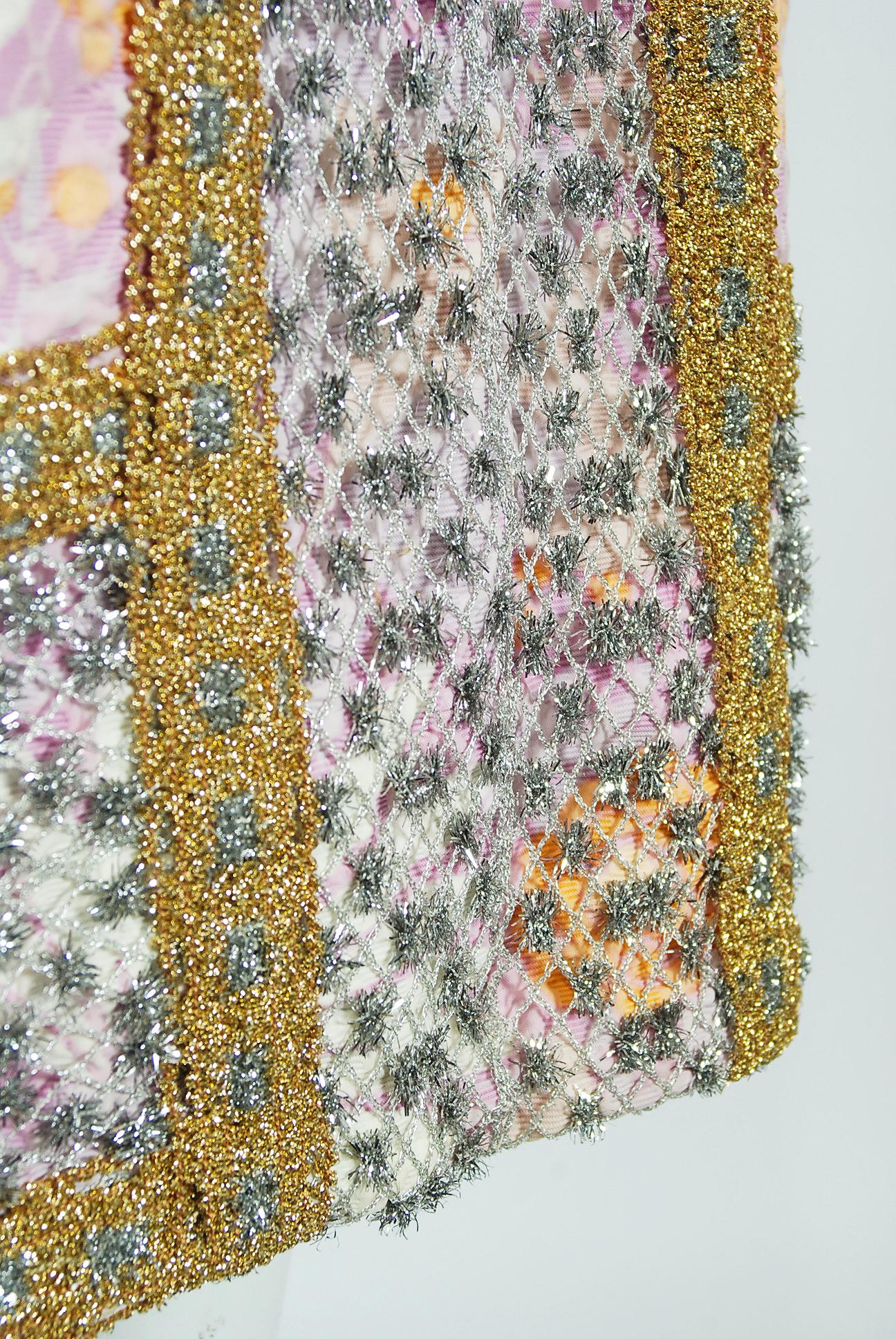 Vintage 1970's Ronald Amey Metallic Psychedelic Print Silk & Floral Cotton Dress 3