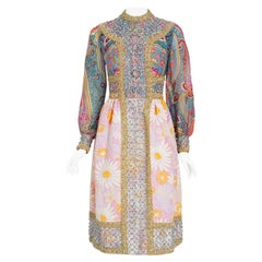 Vintage 1970's Ronald Amey Metallic Psychedelic Print Silk & Floral Cotton Dress