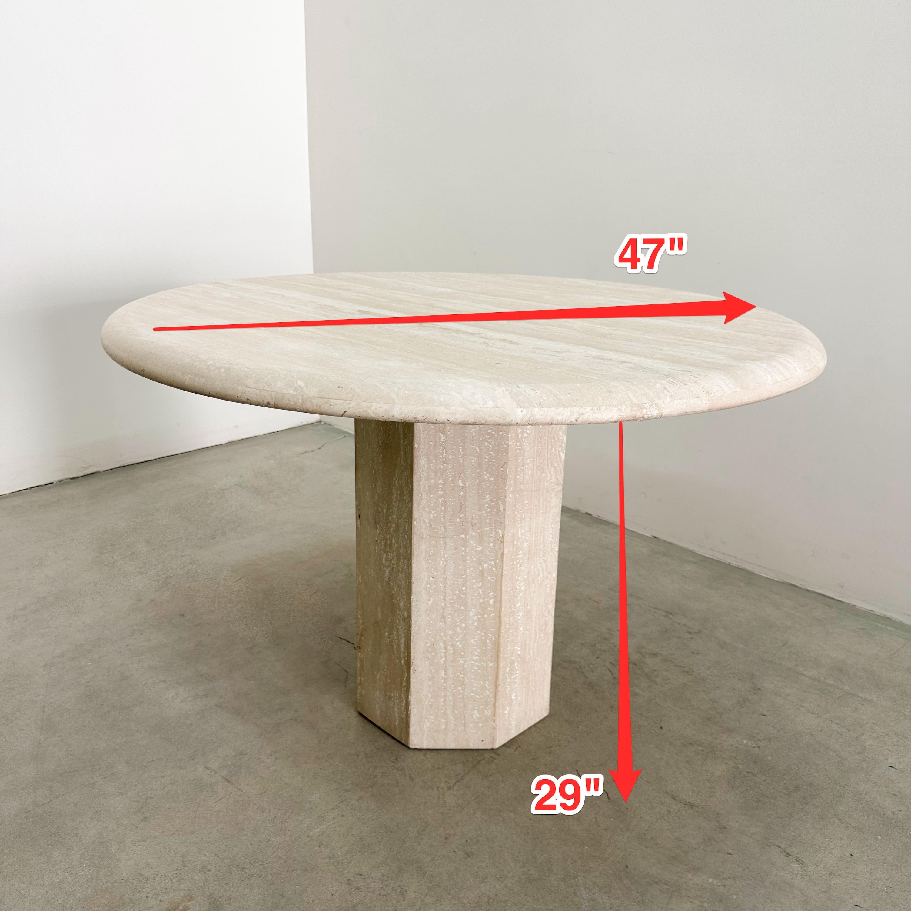 Vintage 1970s Round Travertine Dining Table, MCM, 47” Octagon Pedestal Base 4