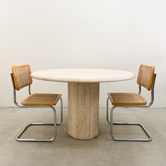 Vintage 1970s Round Travertine Dining Table, MCM, 47” Octagon Pedestal Base