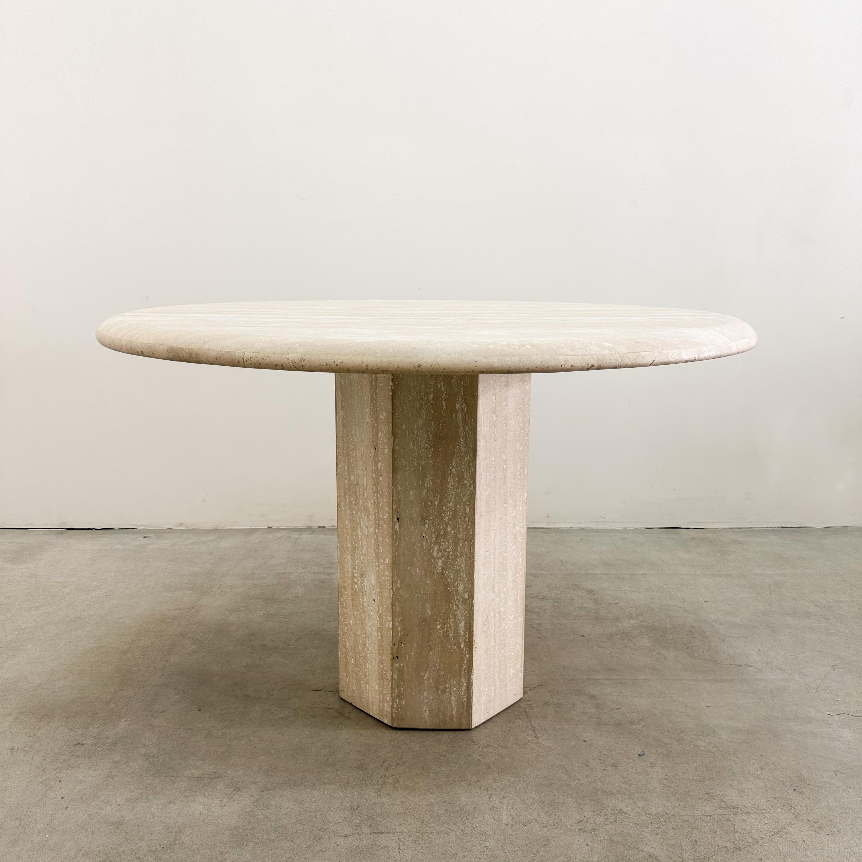 Mid-Century Modern Vintage 1970s Round Travertine Dining Table, MCM, 47” Octagon Pedestal Base
