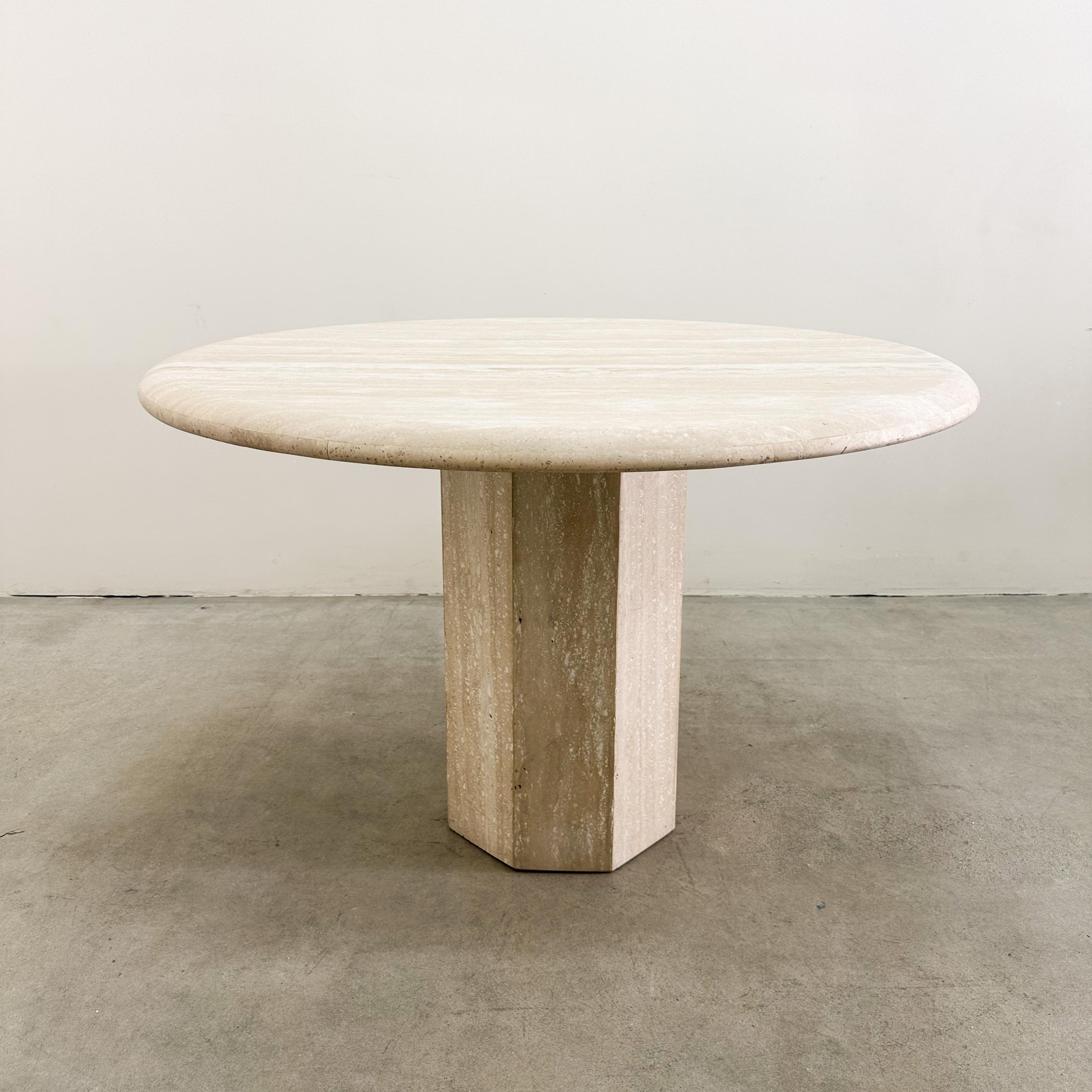Unknown Vintage 1970s Round Travertine Dining Table, MCM, 47” Octagon Pedestal Base