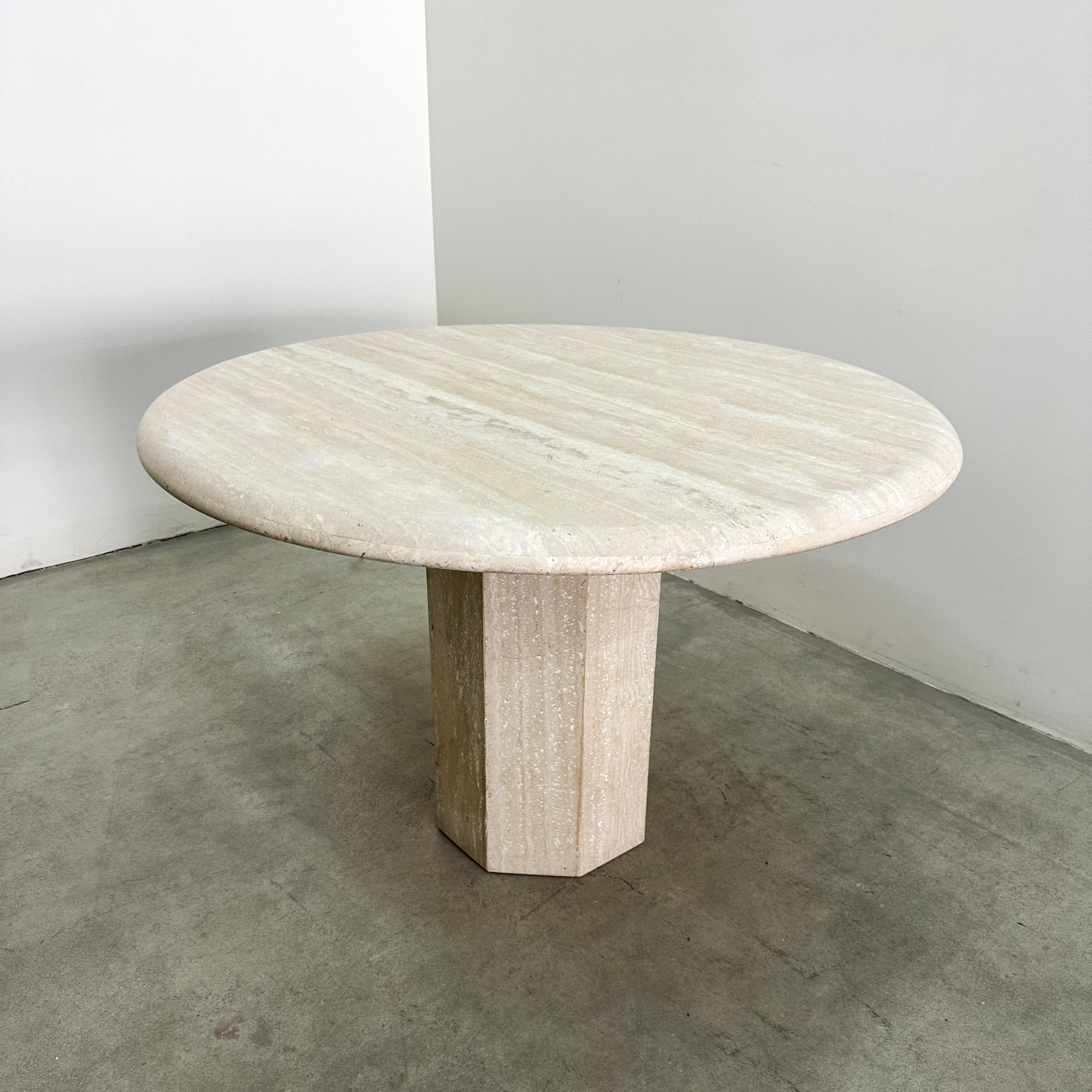 Vintage 1970s Round Travertine Dining Table, MCM, 47” Octagon Pedestal Base 1