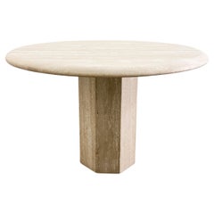 Vintage 1970s Round Travertine Dining Table, MCM, 47” Octagon Pedestal Base