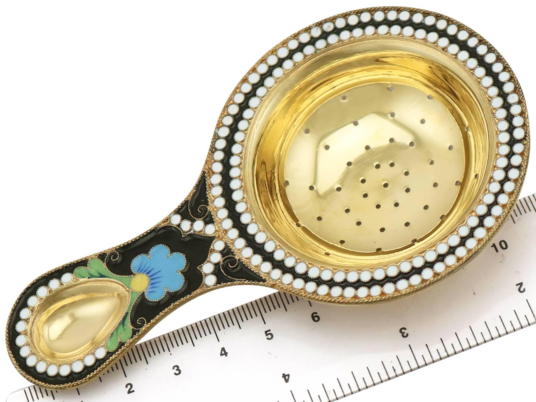 Vintage 1970s Russian Silver Gilt and Polychrome Cloisonné Enamel Tea Strainer For Sale 5