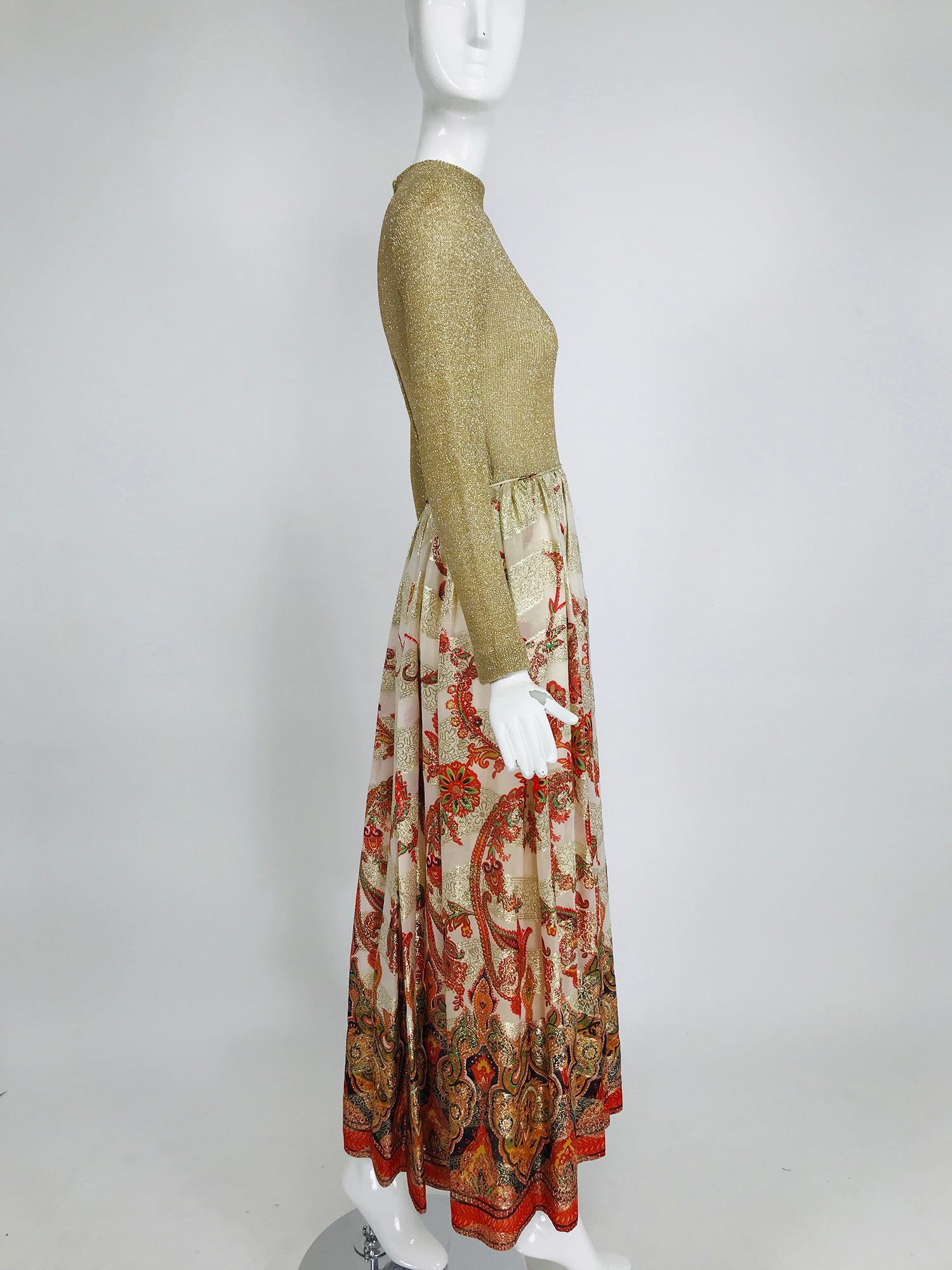 Vintage 1970s Saks Fifth Ave. Gold Metallic Coral Brocade Maxi Dress  3