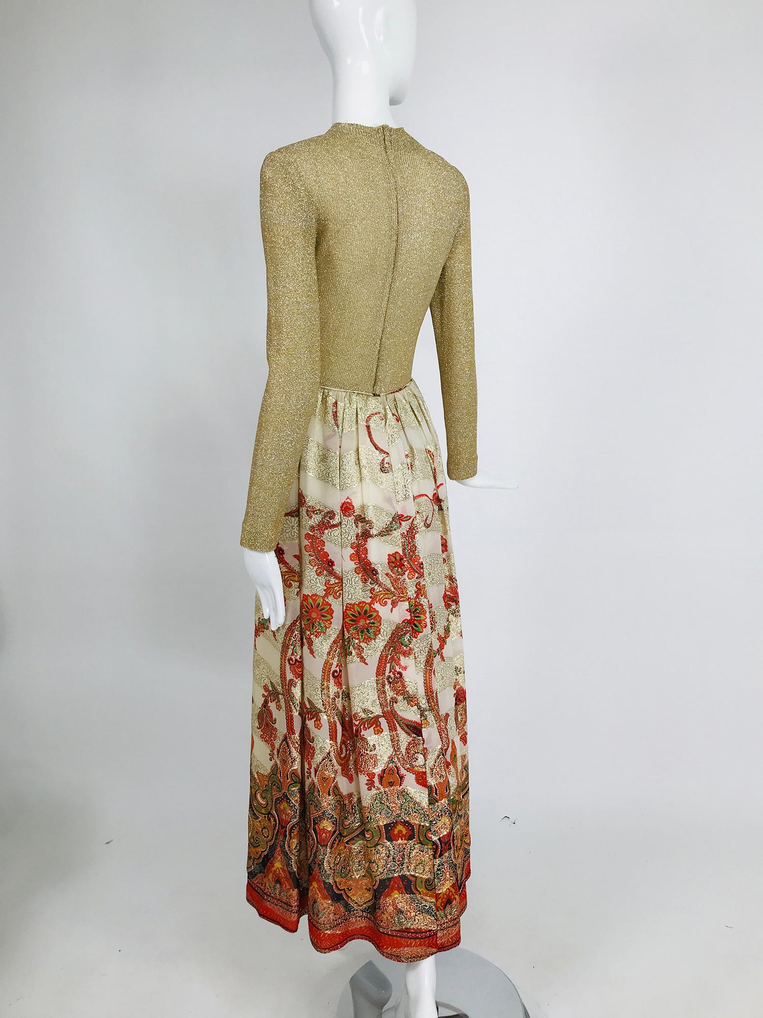 Brown Vintage 1970s Saks Fifth Ave. Gold Metallic Coral Brocade Maxi Dress 