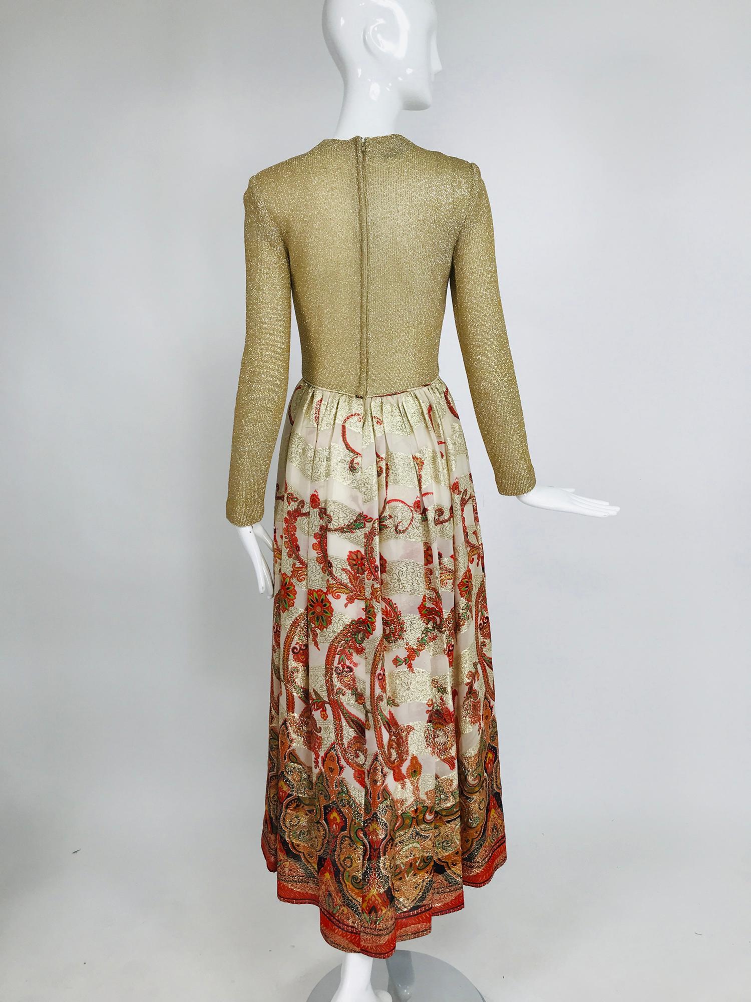 Vintage 1970s Saks Fifth Ave. Gold Metallic Coral Brocade Maxi Dress  In Good Condition In West Palm Beach, FL