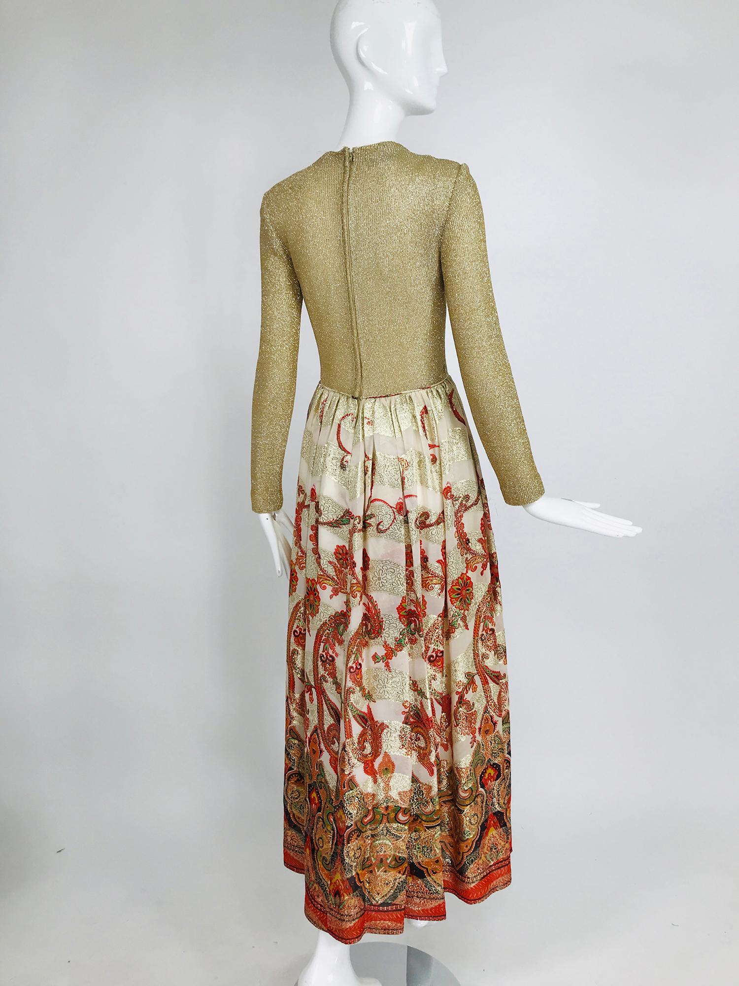 Women's Vintage 1970s Saks Fifth Ave. Gold Metallic Coral Brocade Maxi Dress 