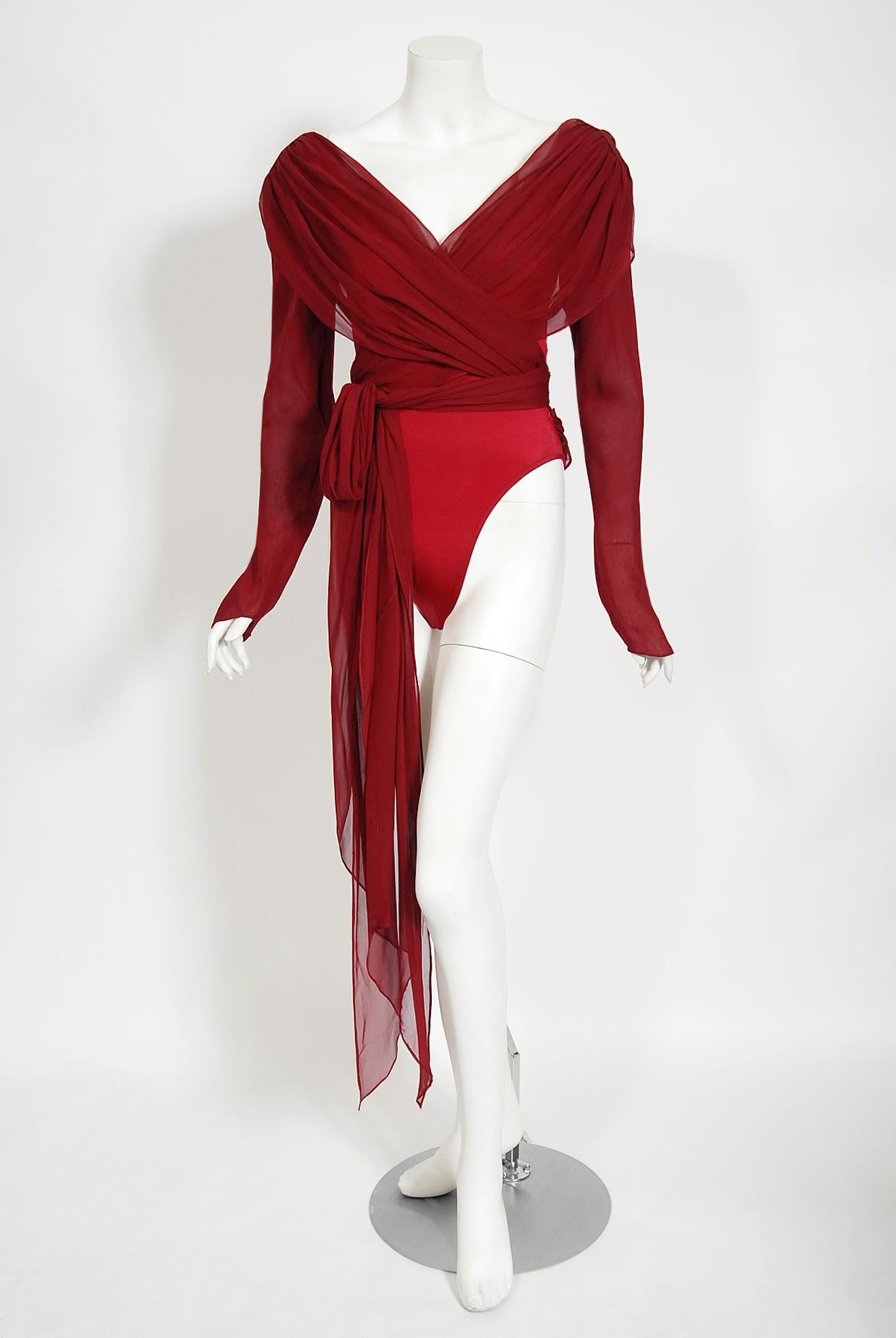 Incredibly stunning and highly desirable Giorgio Sant' Angelo designer bodysuit ensemble dating back to the late 1970's. He first hit the fashion scene when Diana Vreeland asked him to design clothing for a desert location shoot that starred