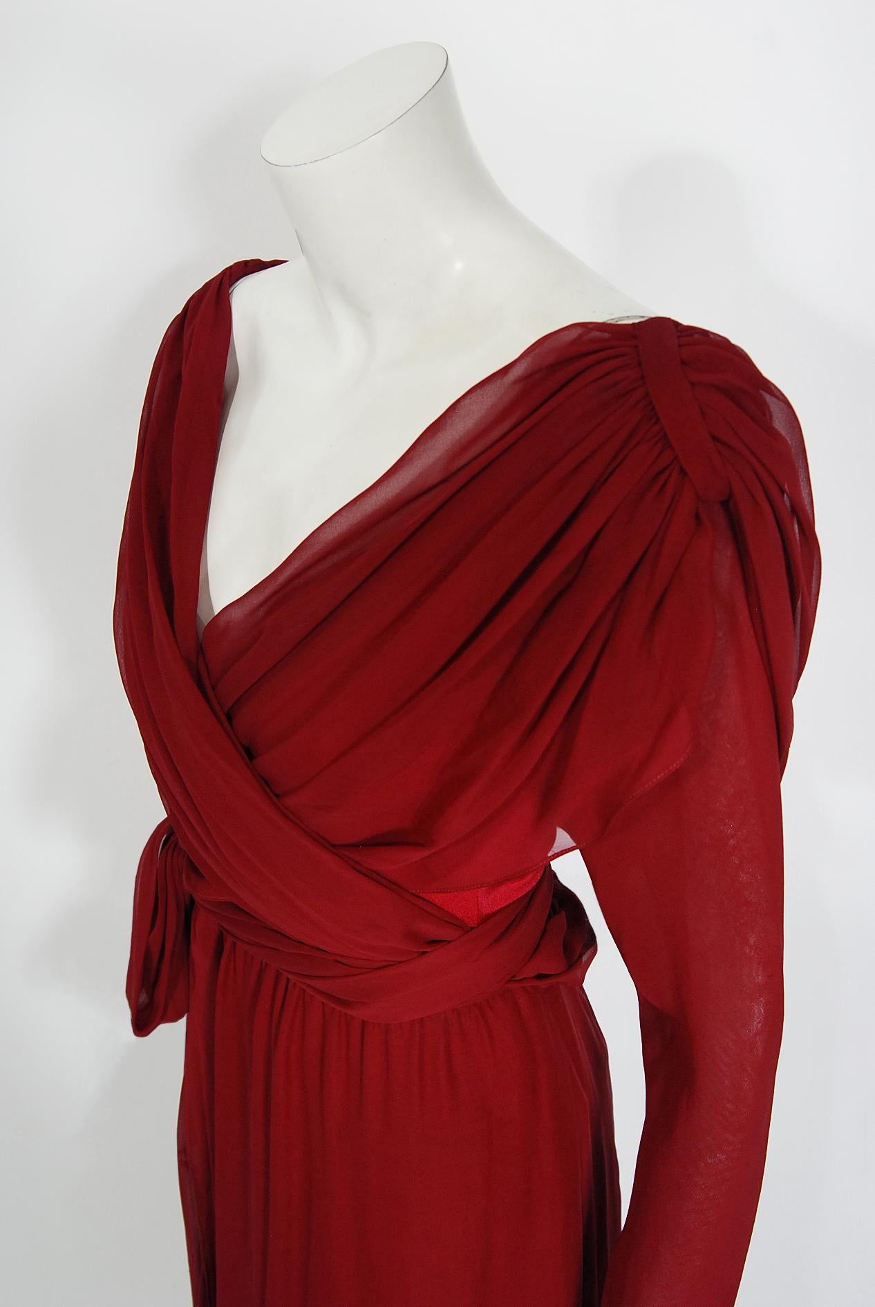 Red Vintage 1970s Sant' Angelo Burgundy Draped Chiffon Bodysuit & Fringed Maxi Skirt For Sale