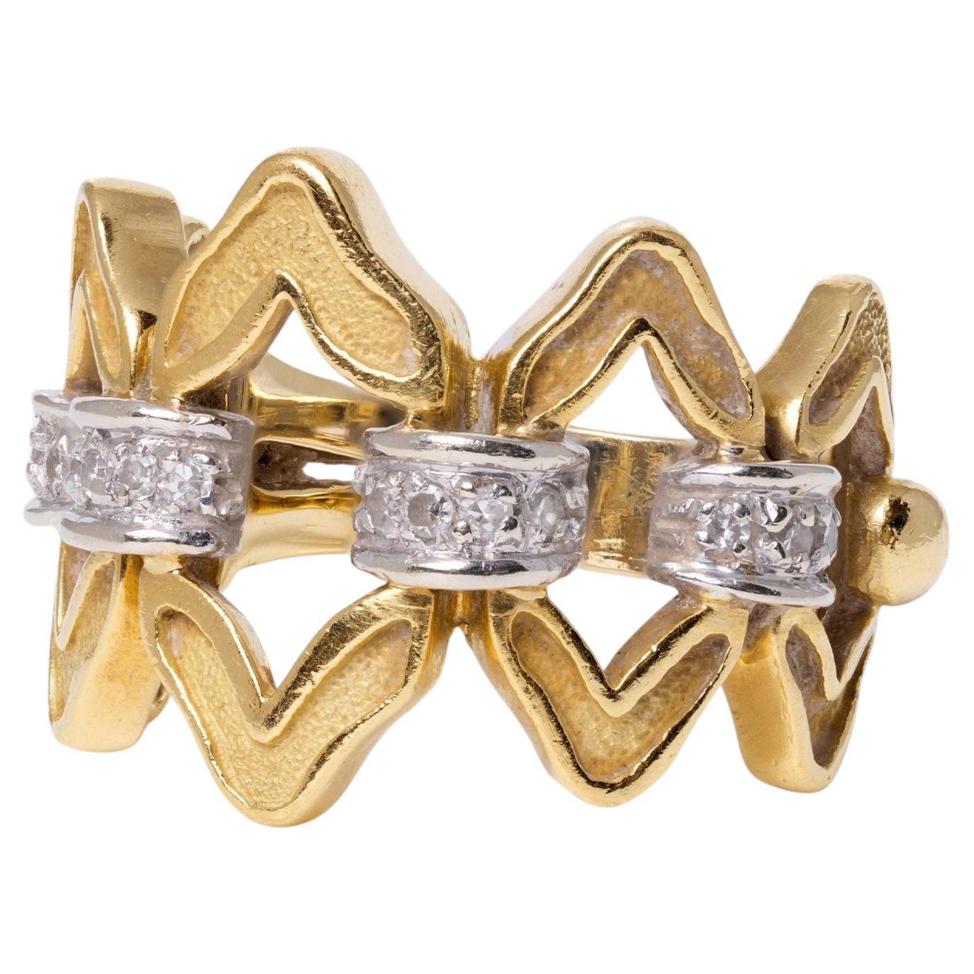 Vintage 1970s SANZ 18k Gold Open Diamond Wide Band Ring For Sale