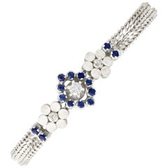 Vintage 1970s Sapphire and Diamond White Gold Bracelet