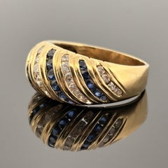 Vintage 1970's Sapphire & Diamond Low Dome Band 18k Yellow Gold