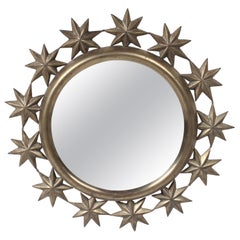Vintage 1970's Sarreid Round Vanity Brass Mirror with Repousse Star Pattern