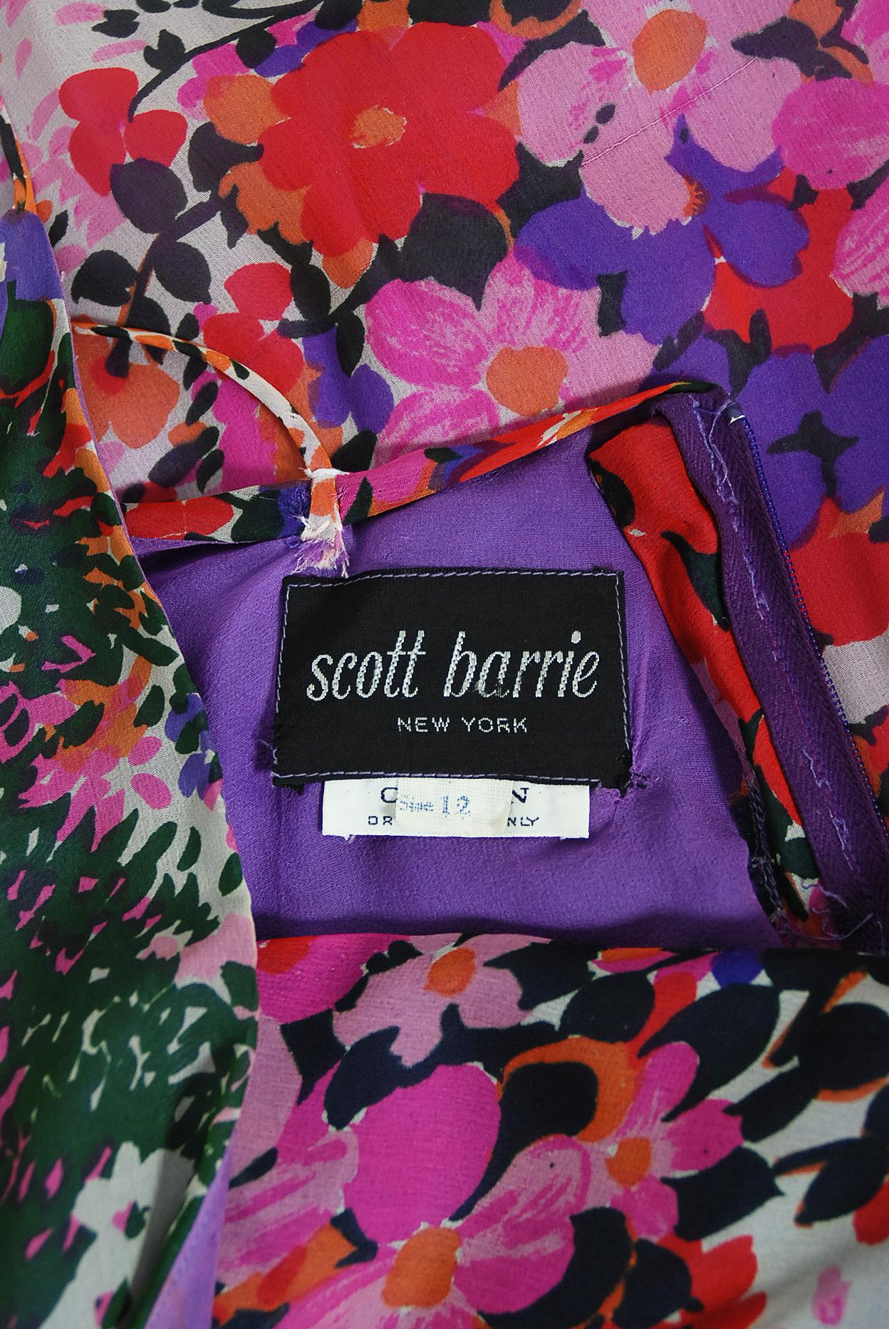 Vintage 1970s Scott Barrie Purple Floral Chiffon Low-Cut Plunge Maxi Wrap Dress  For Sale 2