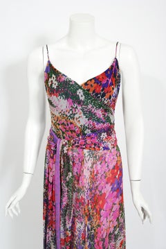 Vintage 1970s Scott Barrie Purple Floral Chiffon Low-Cut Plunge Maxi Wrap Dress
