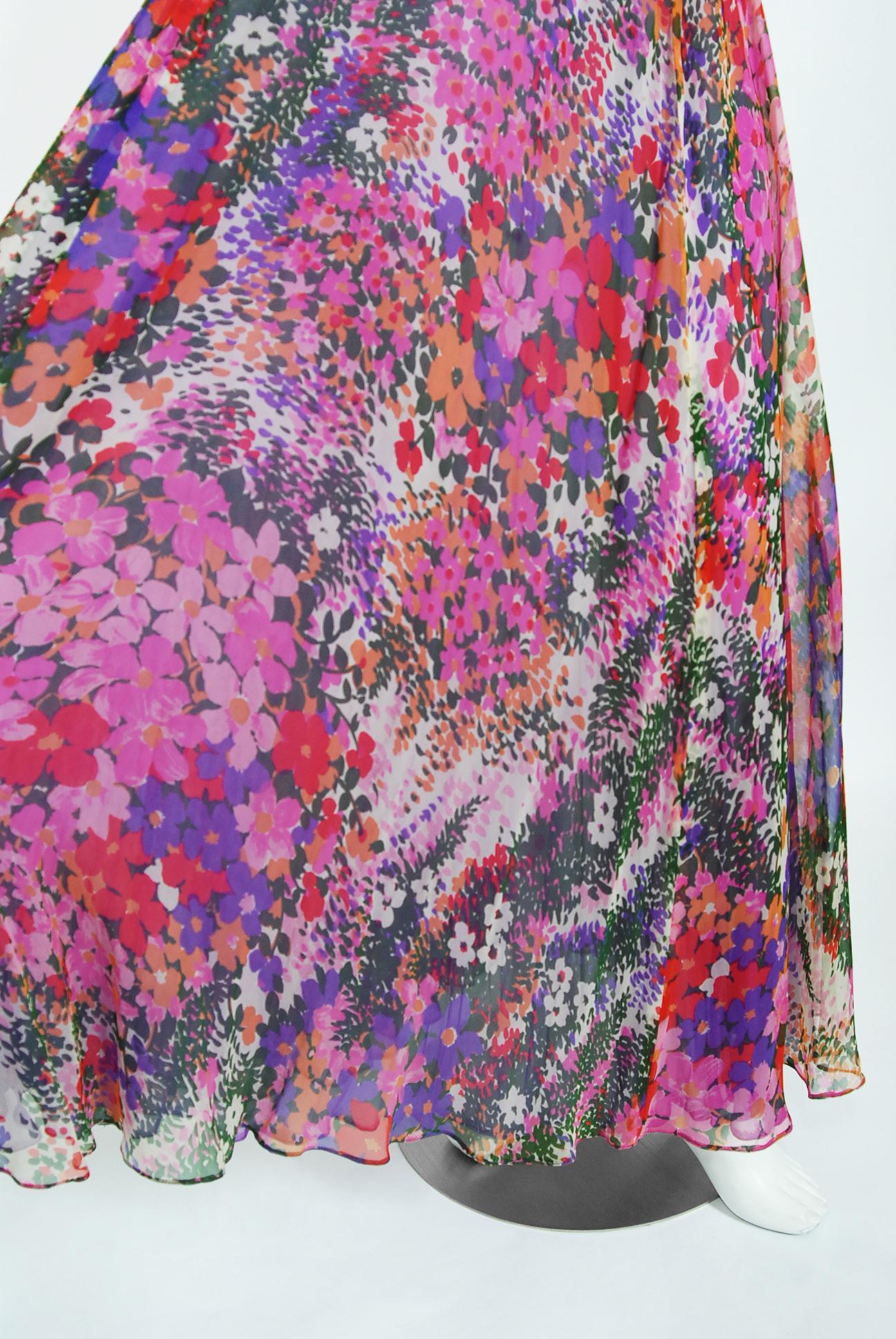 Brown Vintage 1970s Scott Barrie Purple Floral Chiffon Low-Cut Plunge Maxi Wrap Dress  For Sale