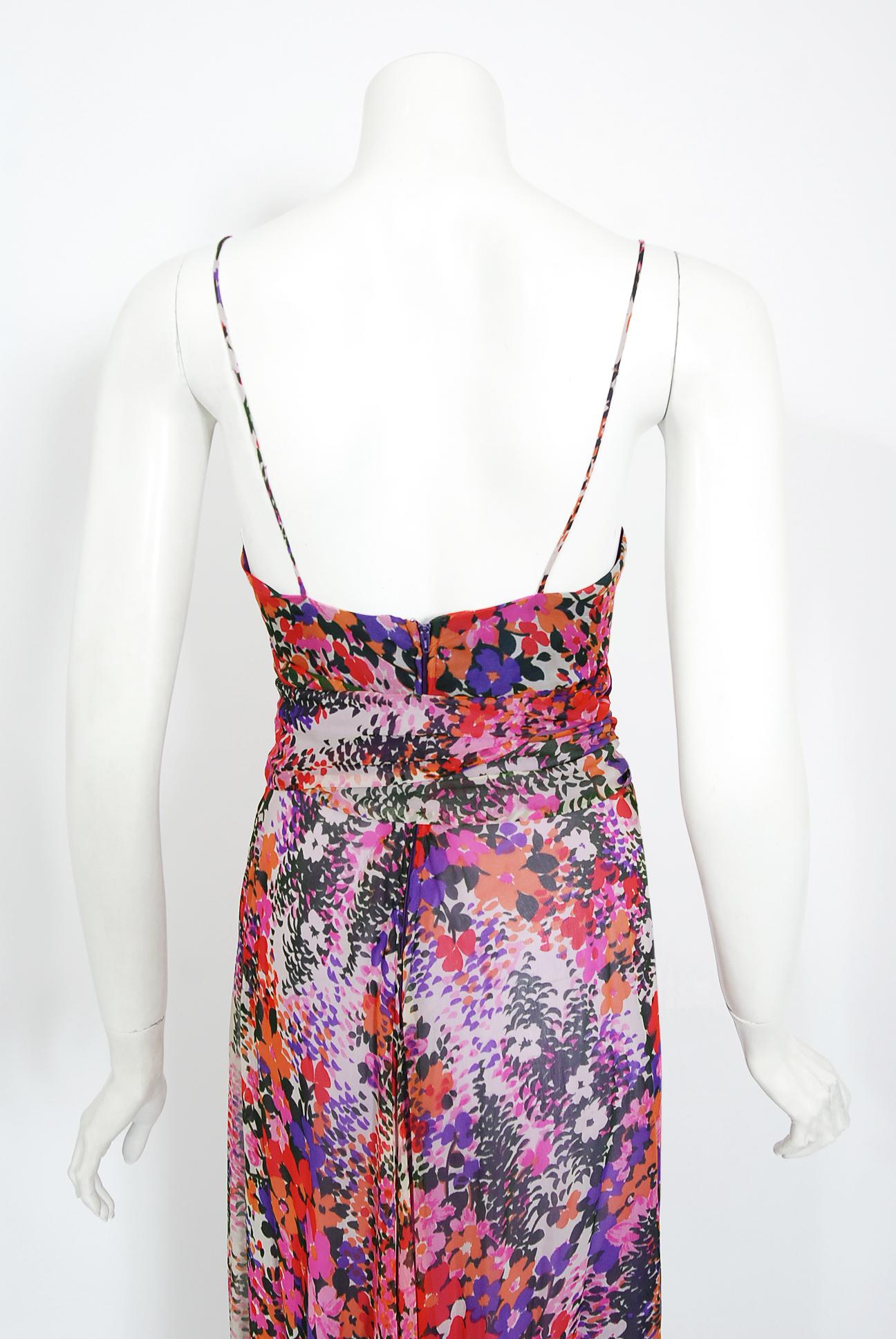 Vintage 1970s Scott Barrie Purple Floral Chiffon Low-Cut Plunge Maxi Wrap Dress  For Sale 1