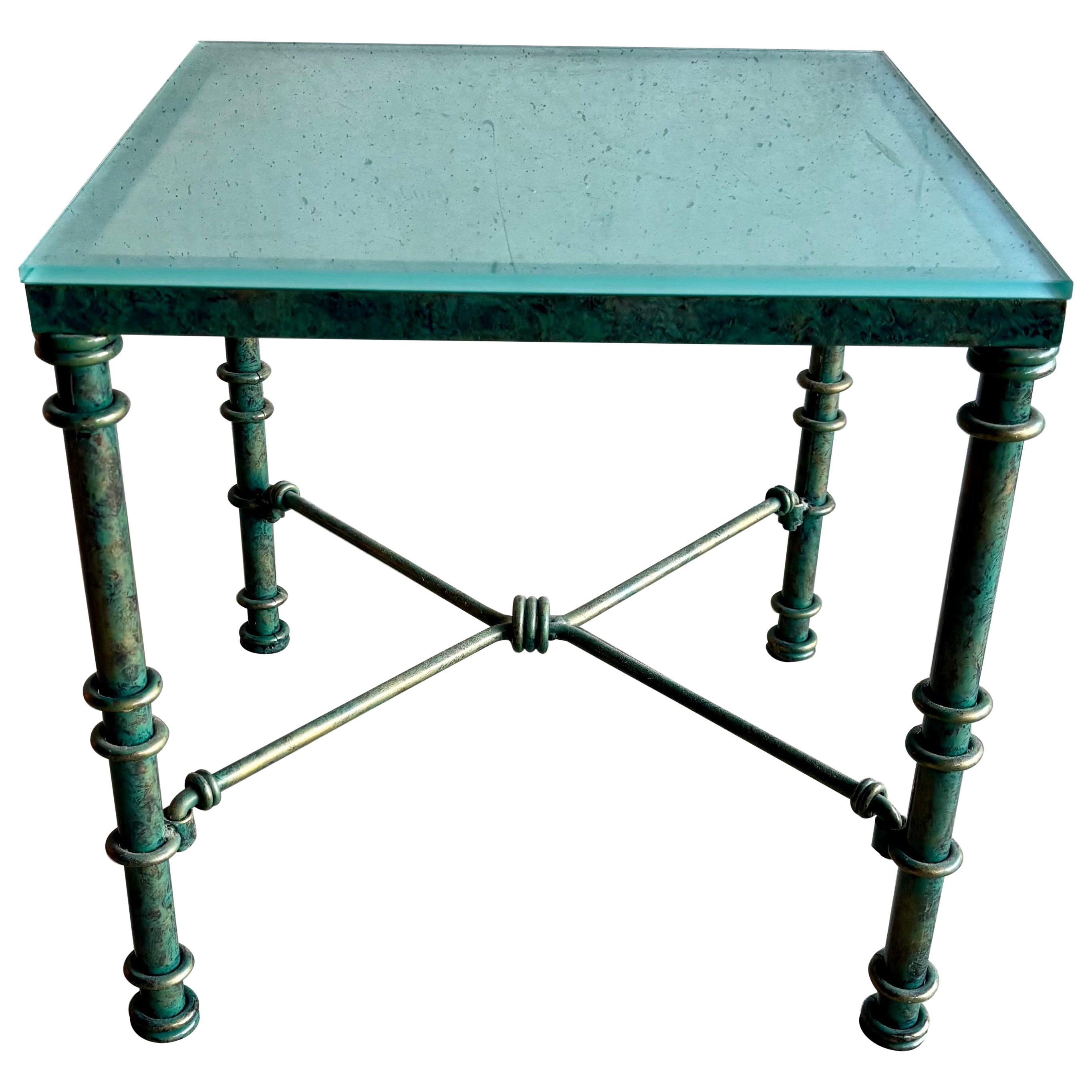 Vintage 1970s Sculptural Iron Side Table After Giacometti, Verdigris Finish im Angebot