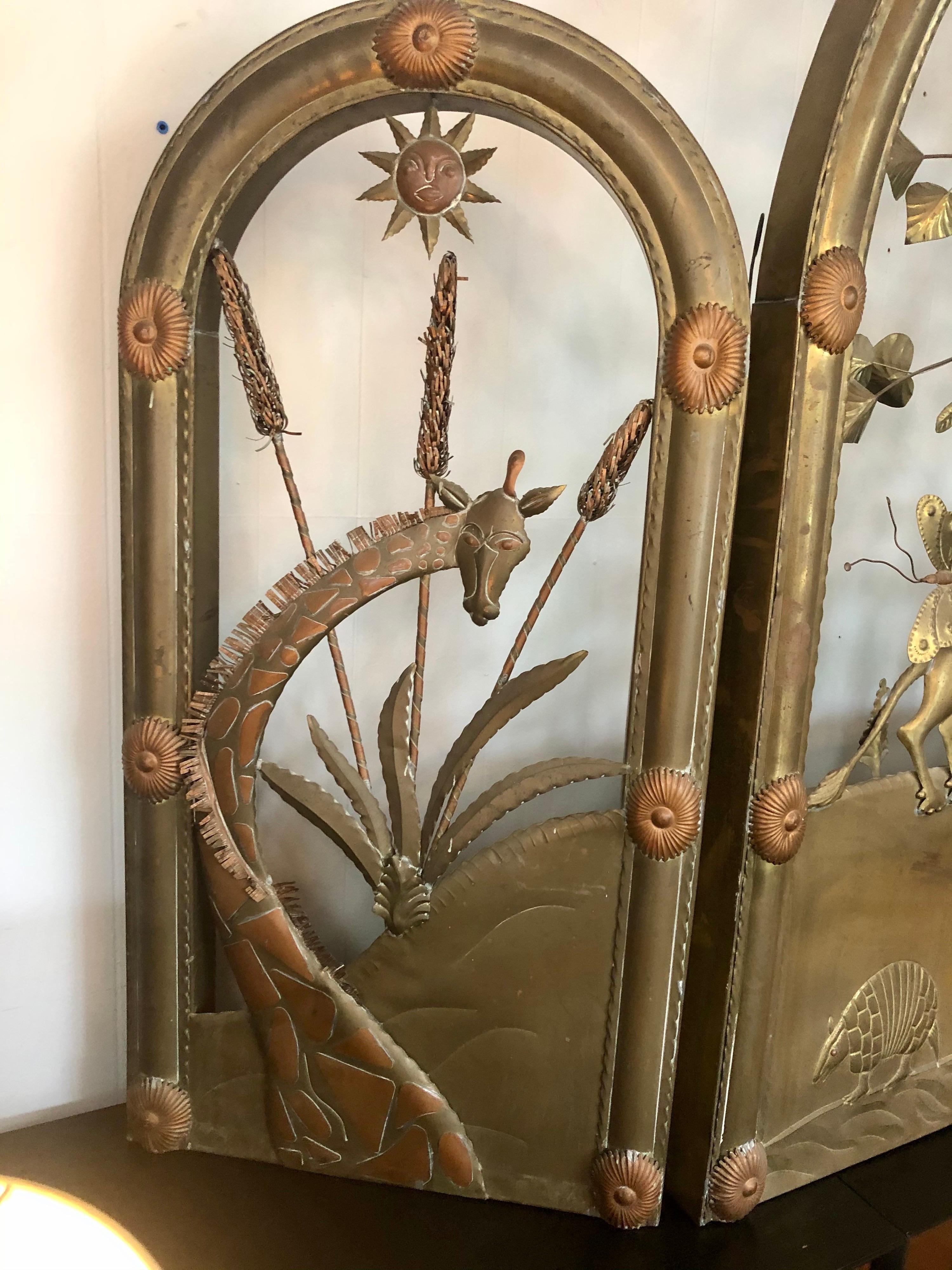 Vintage 1970s Sergio Bustamante Brass and Copper Folding Screen w/ Animal Motif 5