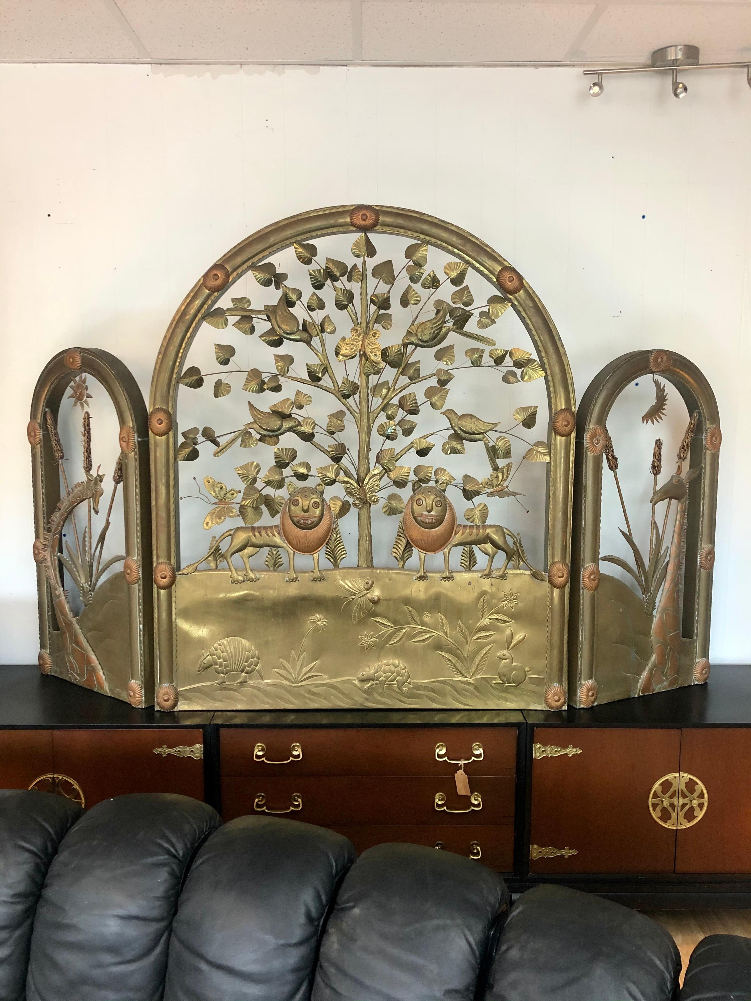 Vintage 1970s Sergio Bustamante Brass and Copper Folding Screen w/ Animal Motif 9