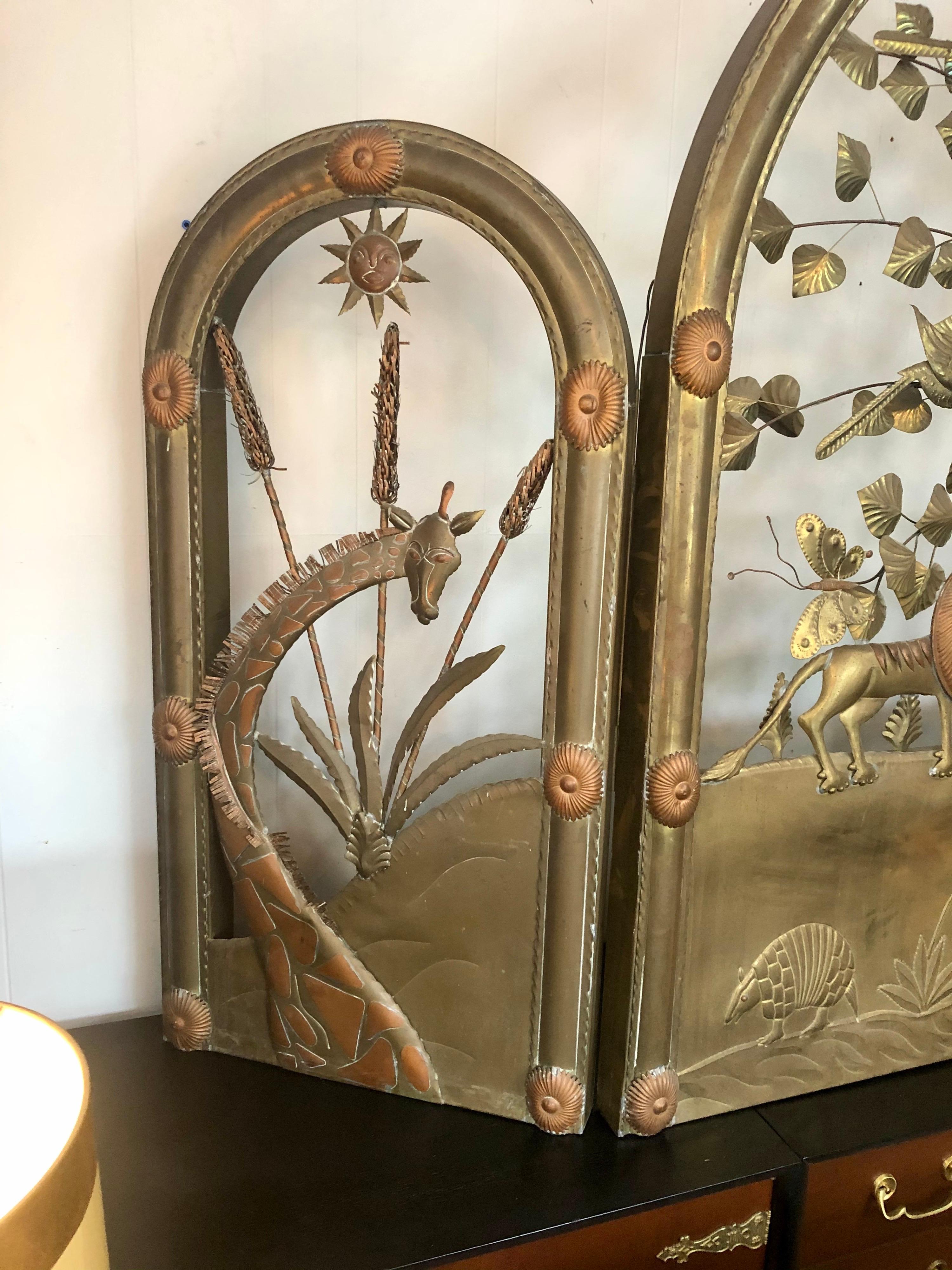 Mid-Century Modern Vintage 1970s Sergio Bustamante Brass and Copper Folding Screen w/ Animal Motif