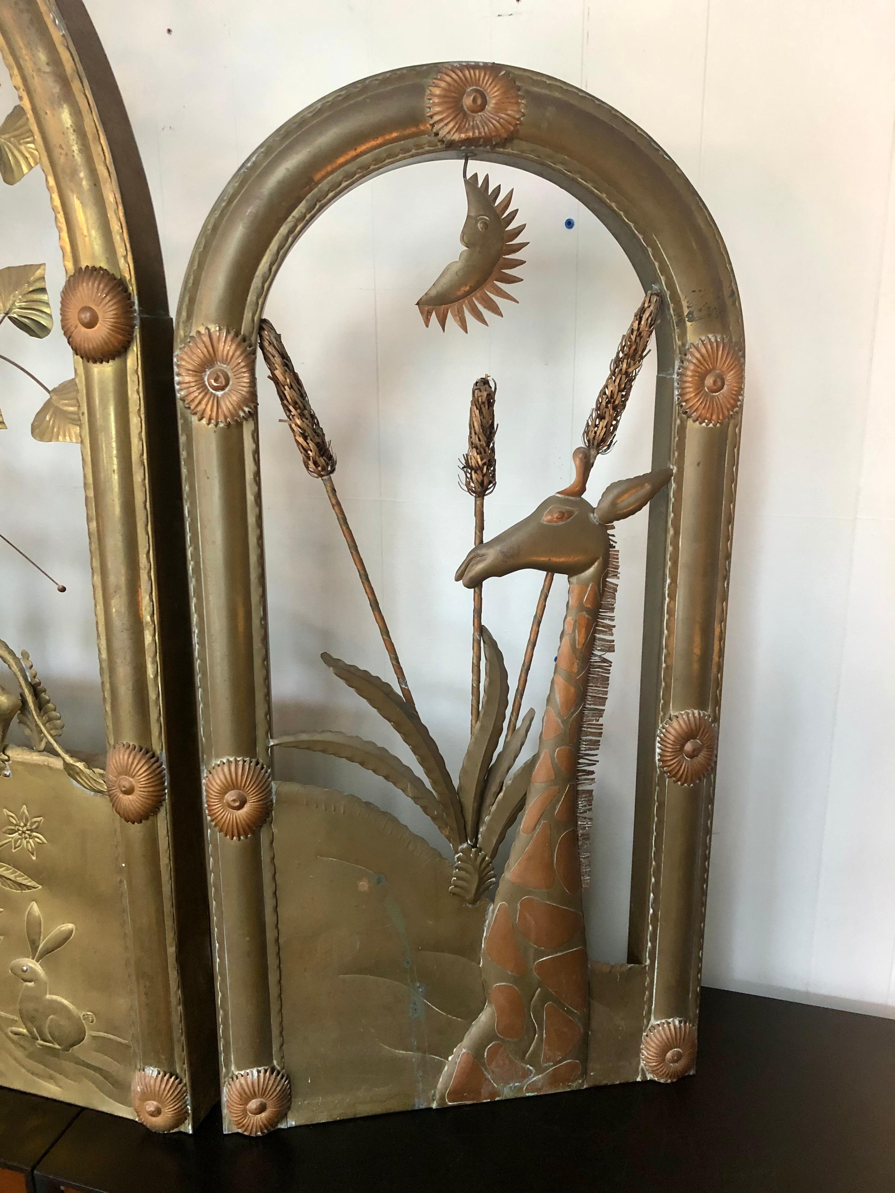 Mexican Vintage 1970s Sergio Bustamante Brass and Copper Folding Screen w/ Animal Motif