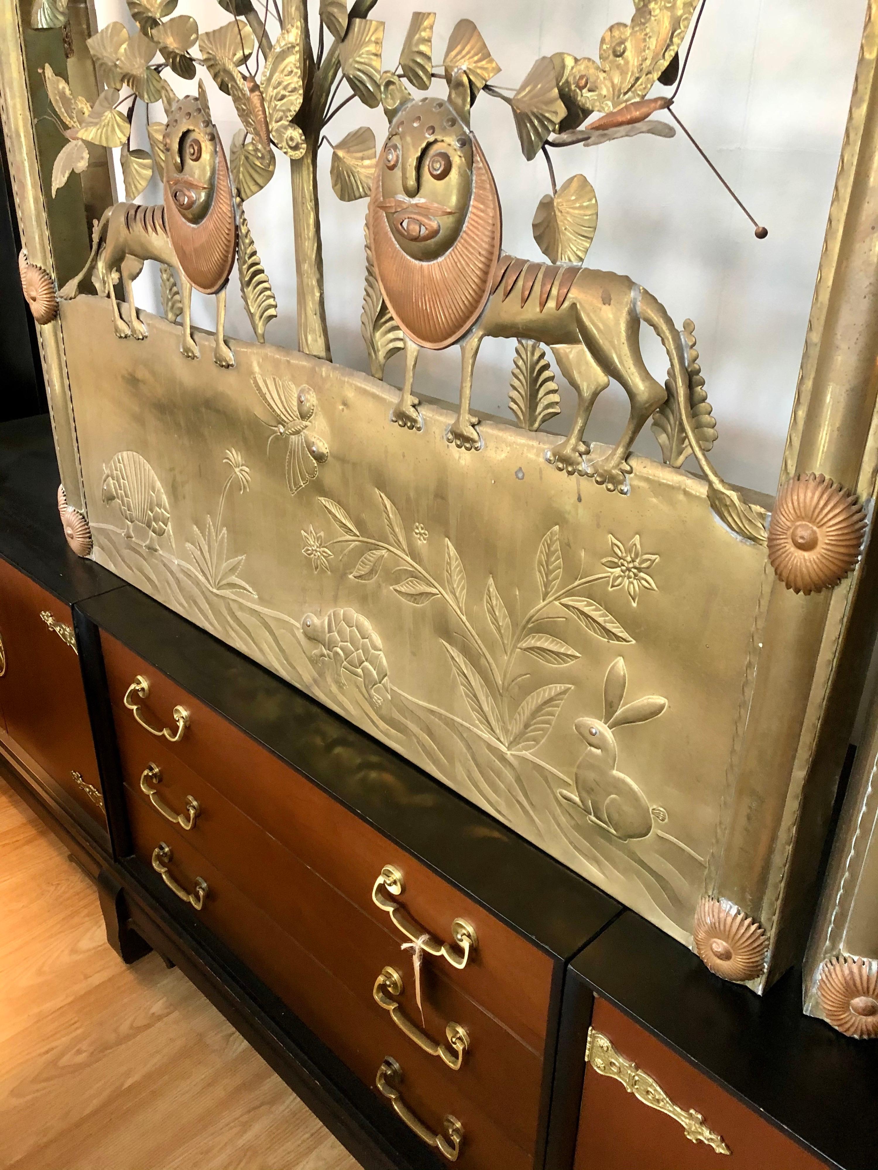 Vintage 1970s Sergio Bustamante Brass and Copper Folding Screen w/ Animal Motif 2