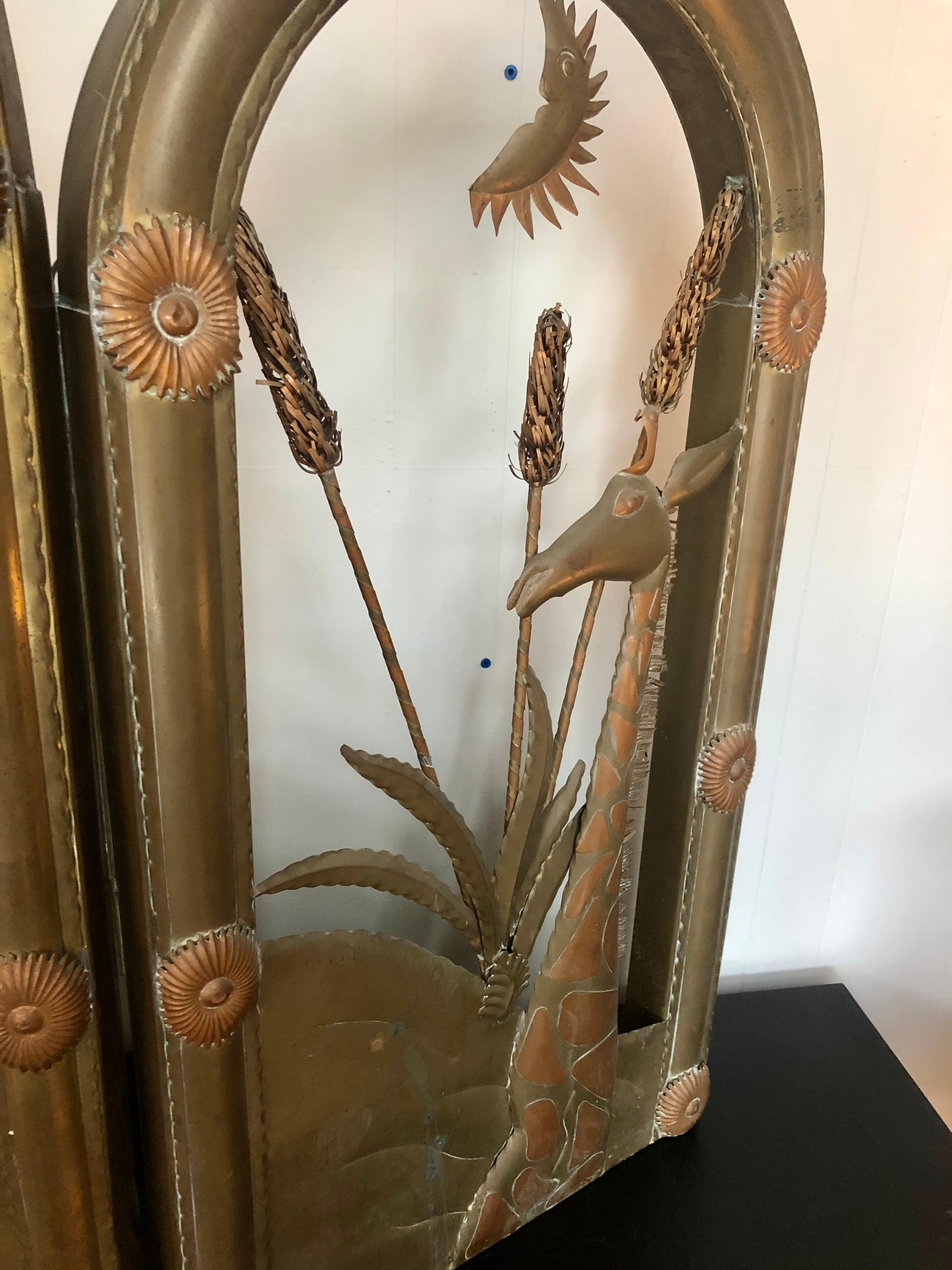 Vintage 1970s Sergio Bustamante Brass and Copper Folding Screen w/ Animal Motif 3