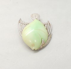 Vintage 1970s Signed Hattie Carnegie Green Resin & Clear Rhinestone Fish Brooch