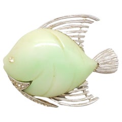Vintage 1970s Signed Hattie Carnegie Green Resin & Clear Rhinestone Fish Brooch