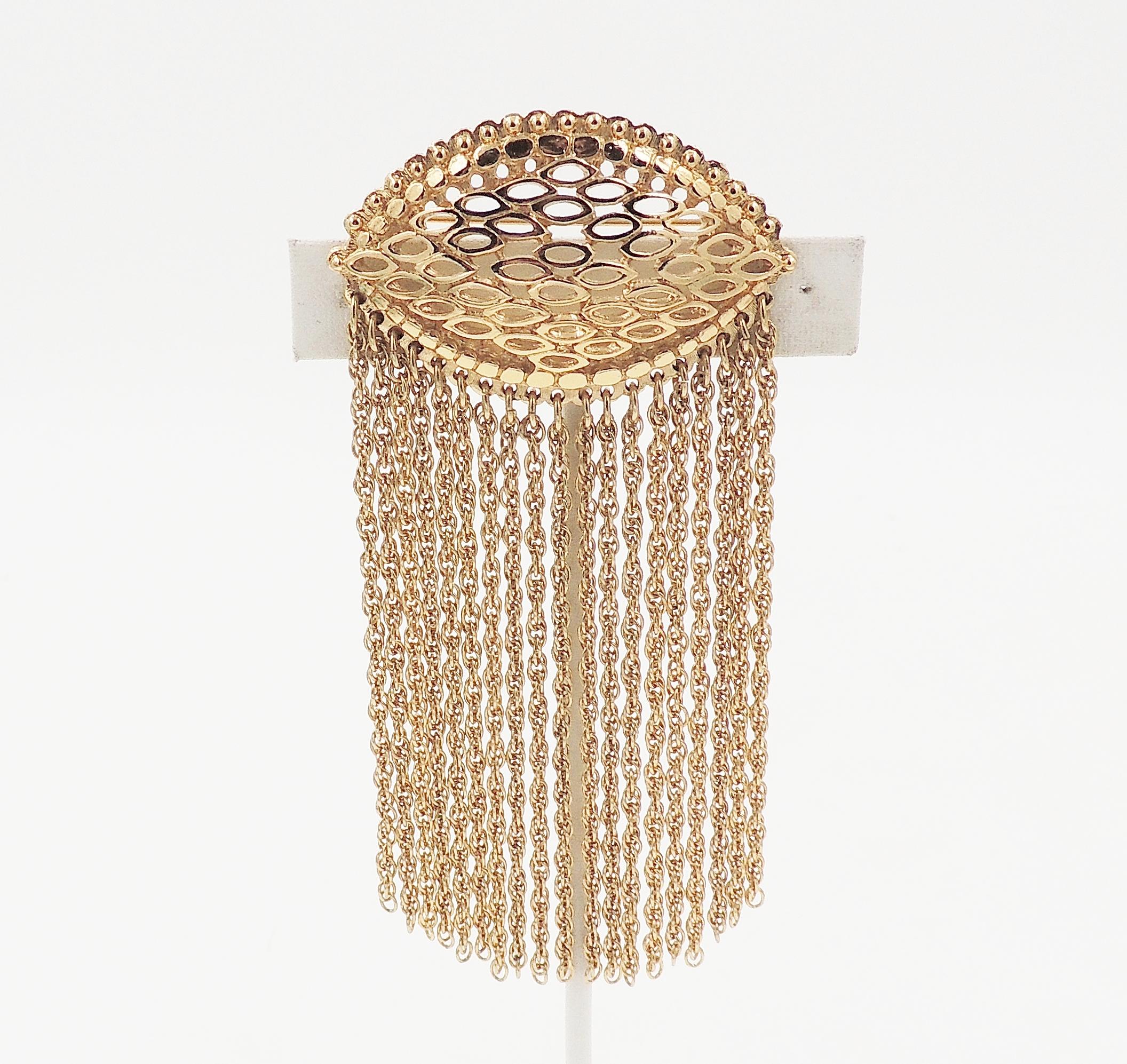 1970s goldtone fringe brooch with security clasp. Marked 