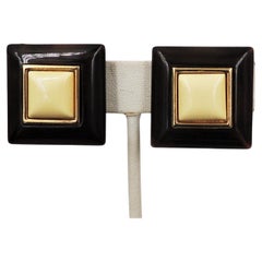 Vintage 1970s Signed Trifari Goldtone Brown & Ivory Lucite Square Clip Earrings