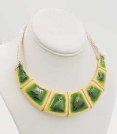 Vintage 1970s Signed Valentino Wrapped Green & Ivory Lucite Collar Necklace