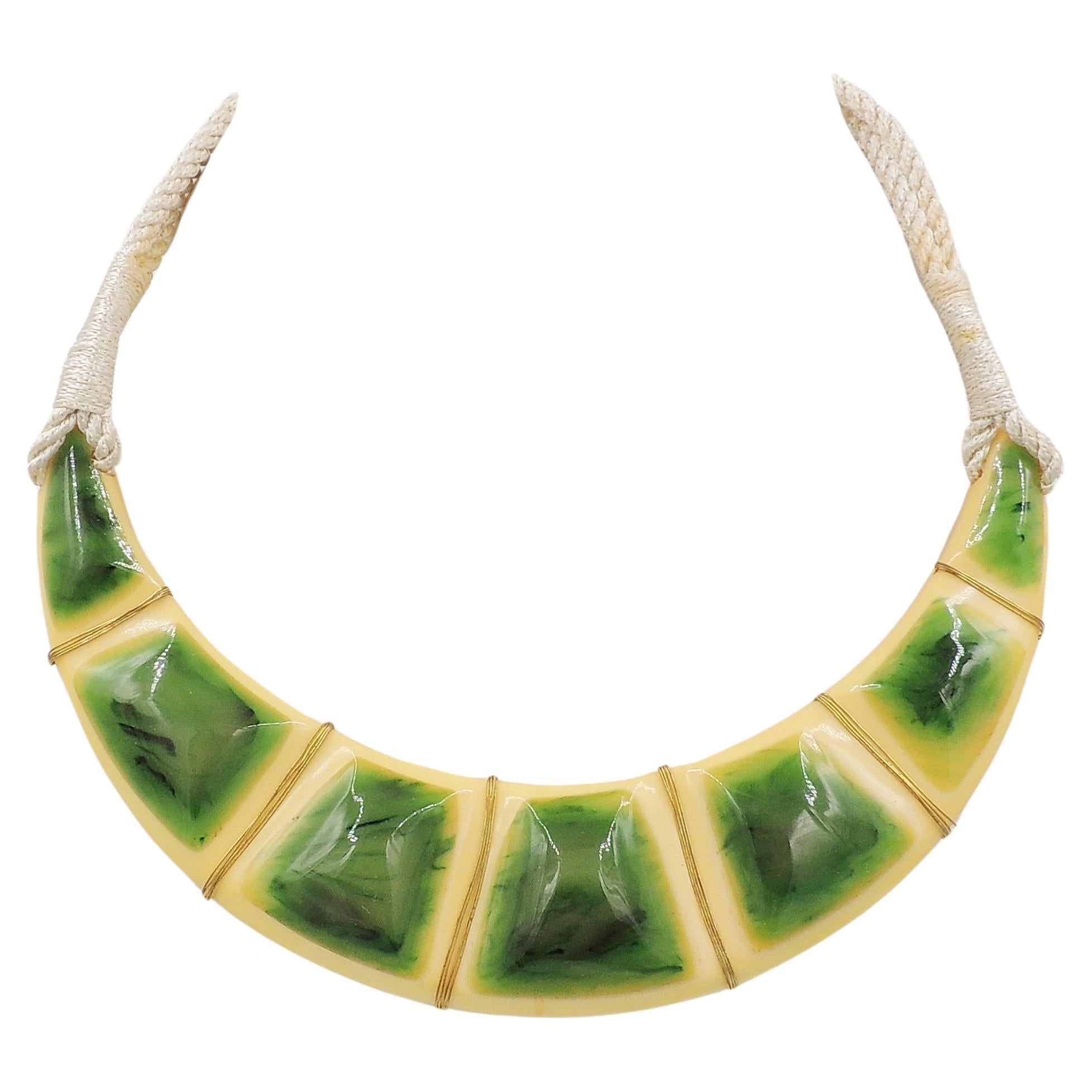 Vintage 1970s Signed Valentino Wrapped Green & Ivory Lucite Collar Necklace For Sale