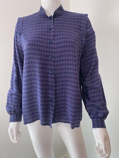 1970s Silk Blouse Top Purple Blue Geometric Print Size 6/8