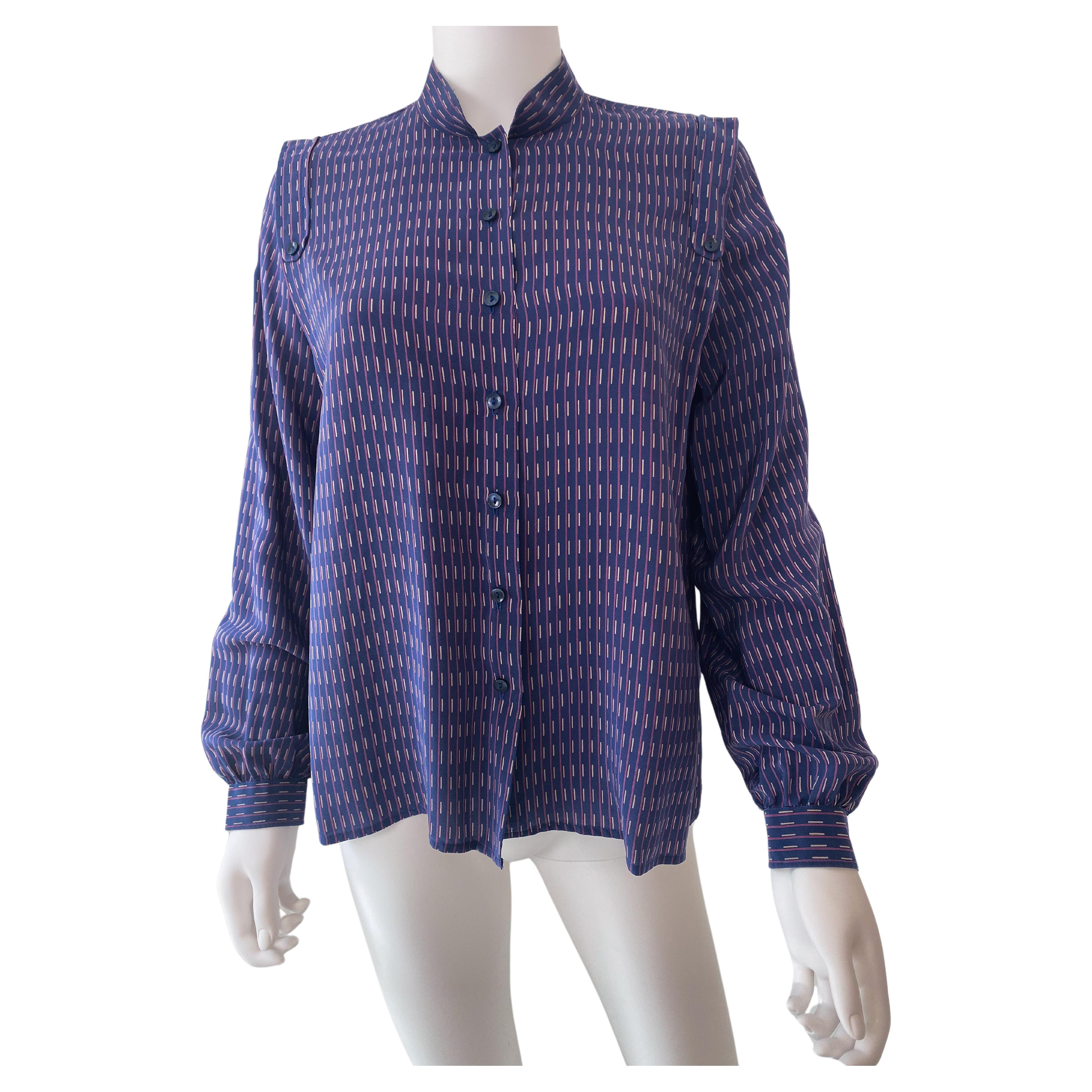 1970s Silk Blouse Top Purple Blue Geometric Print Size 6/8