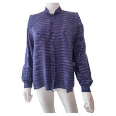 Vintage 1970s Silk Blouse Top Purple Blue Geometric Print Size 6/8